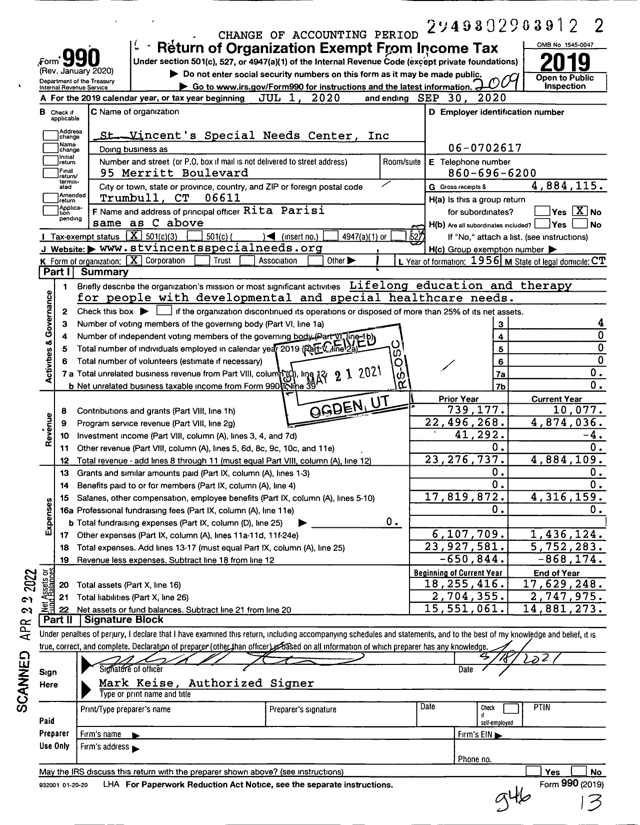 Image of first page of 2019 Form 990 for St Vincents Special Needs Center