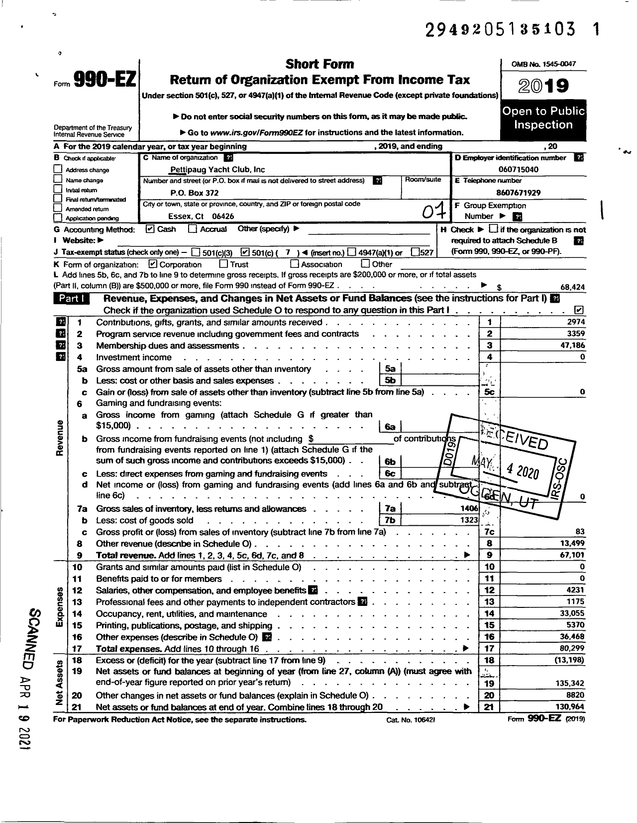 Image of first page of 2019 Form 990EO for Pettipaug Yacht Club