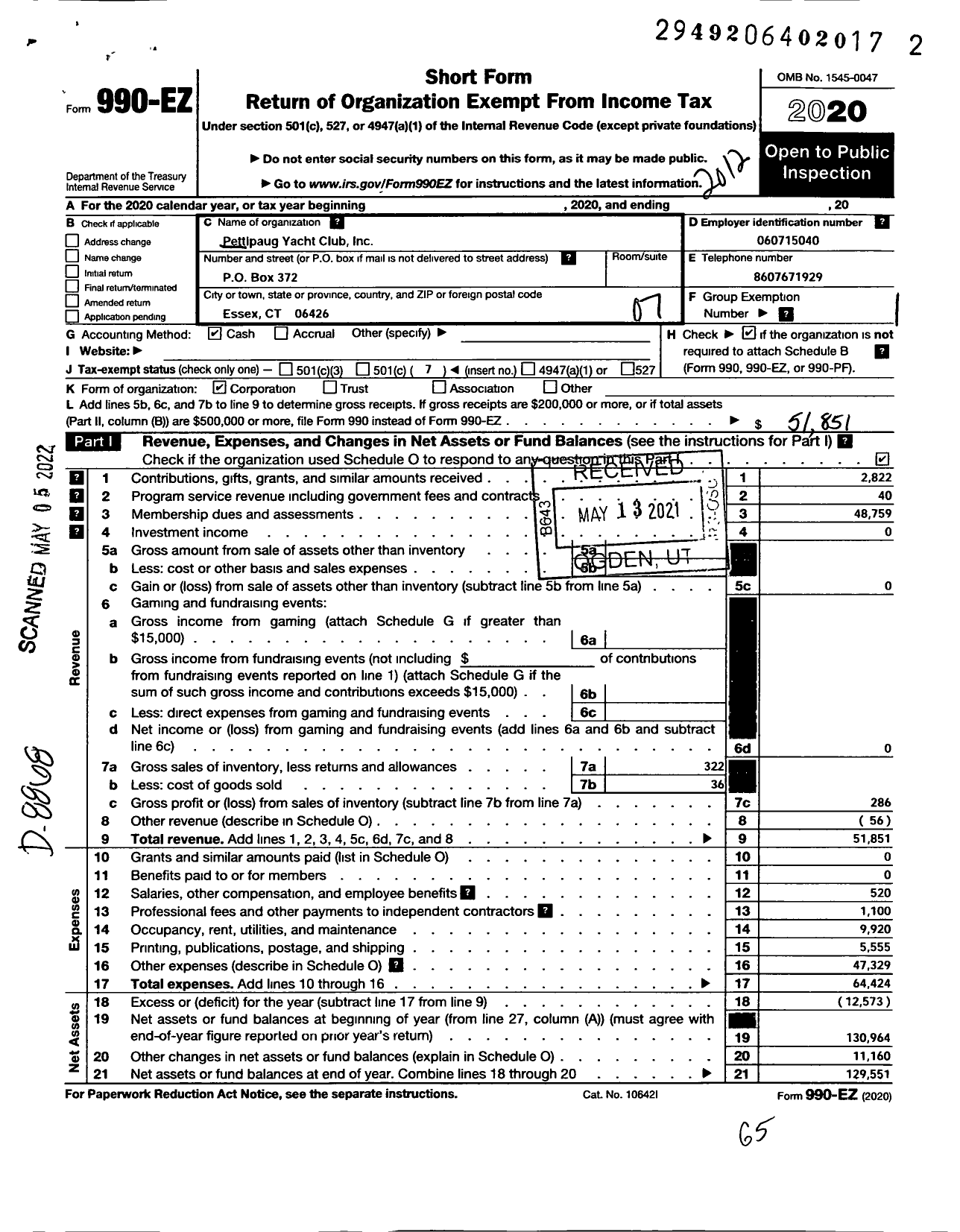 Image of first page of 2020 Form 990EO for Pettipaug Yacht Club