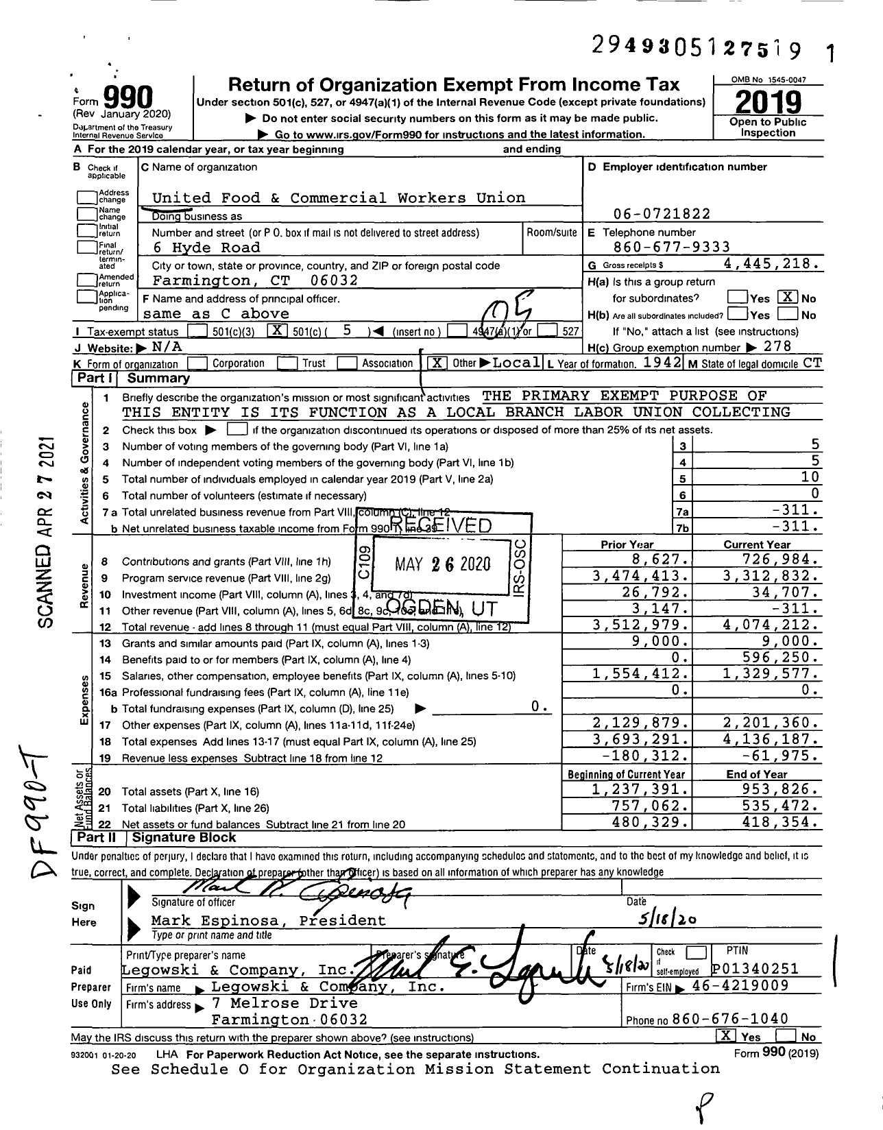 Image of first page of 2019 Form 990O for United Food & Commercial Workers Union - 919 Local