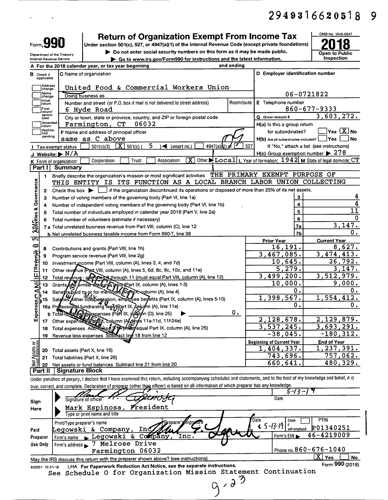 Image of first page of 2018 Form 990O for United Food & Commercial Workers Union - 919 Local