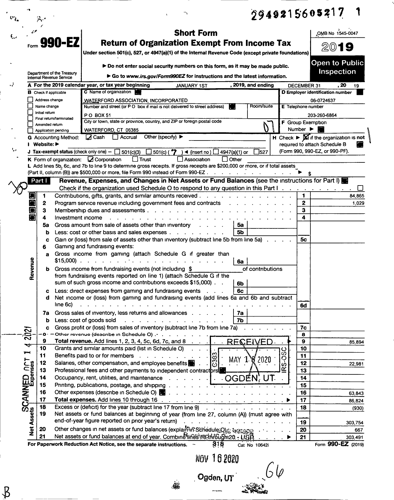 Image of first page of 2019 Form 990EO for Waterford Association Incorporated