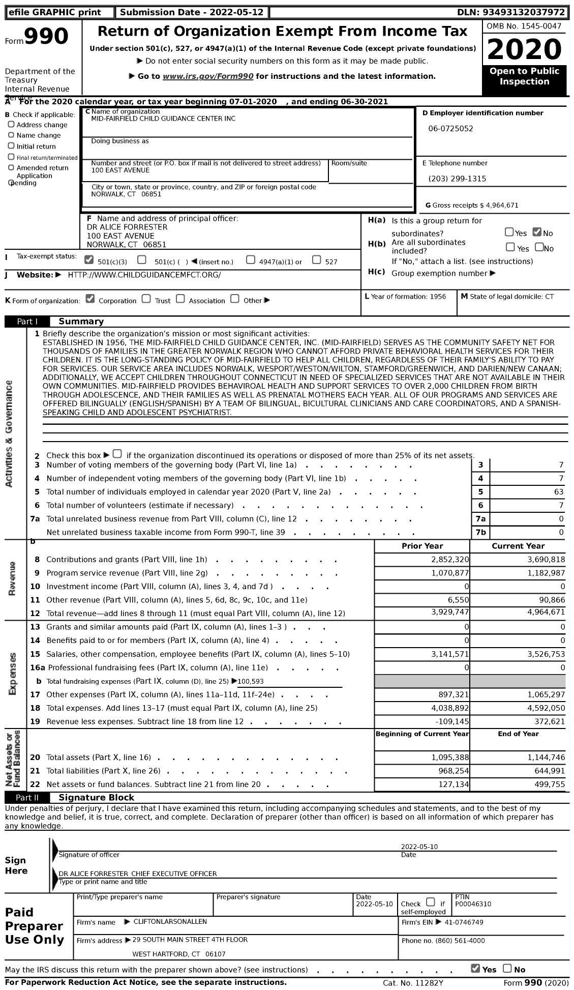 Image of first page of 2020 Form 990 for Mid-Fairfield Child Guidance Center