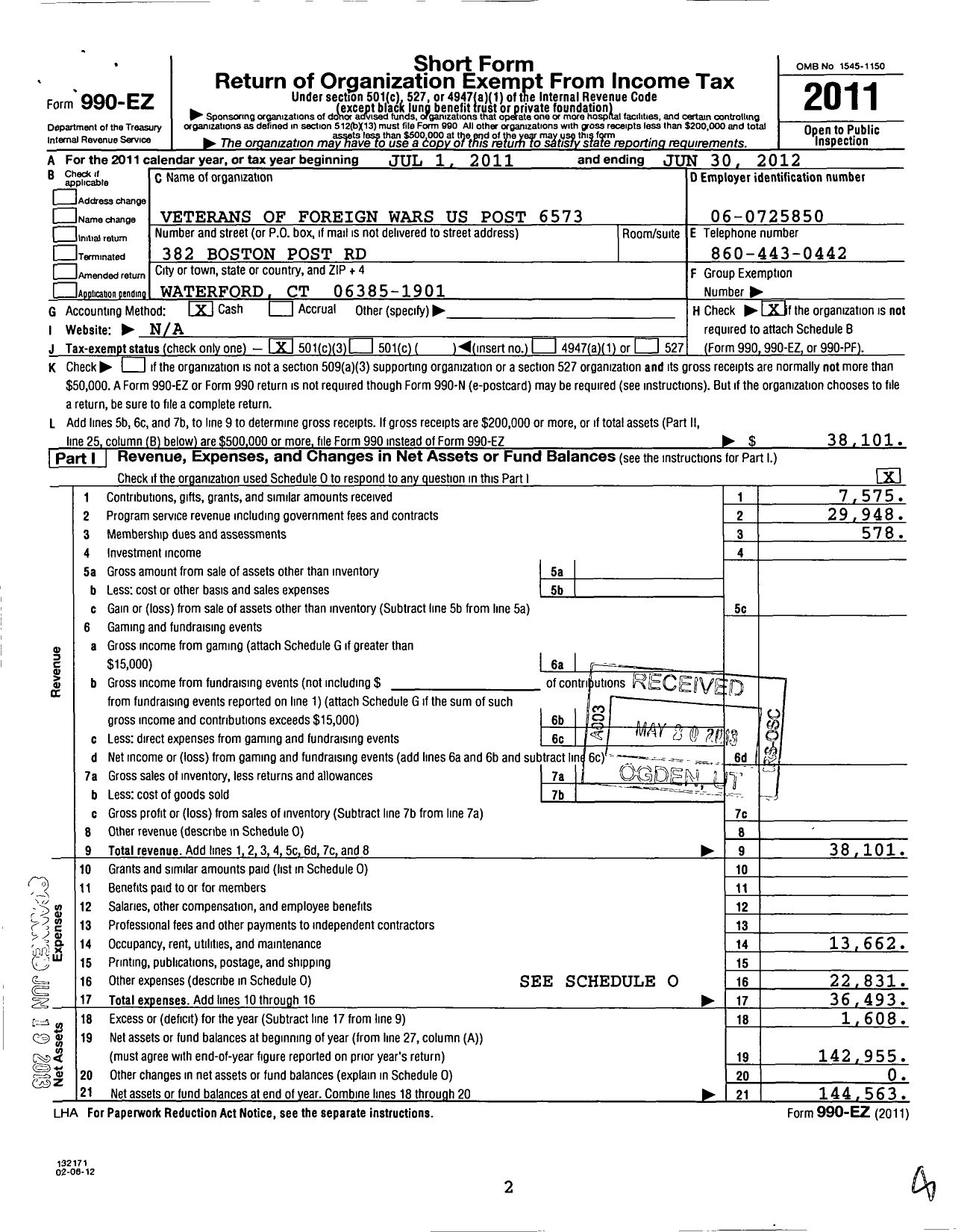 Image of first page of 2011 Form 990EZ for Waterford Post 6573 Veterans of Foreign Wars of the Us