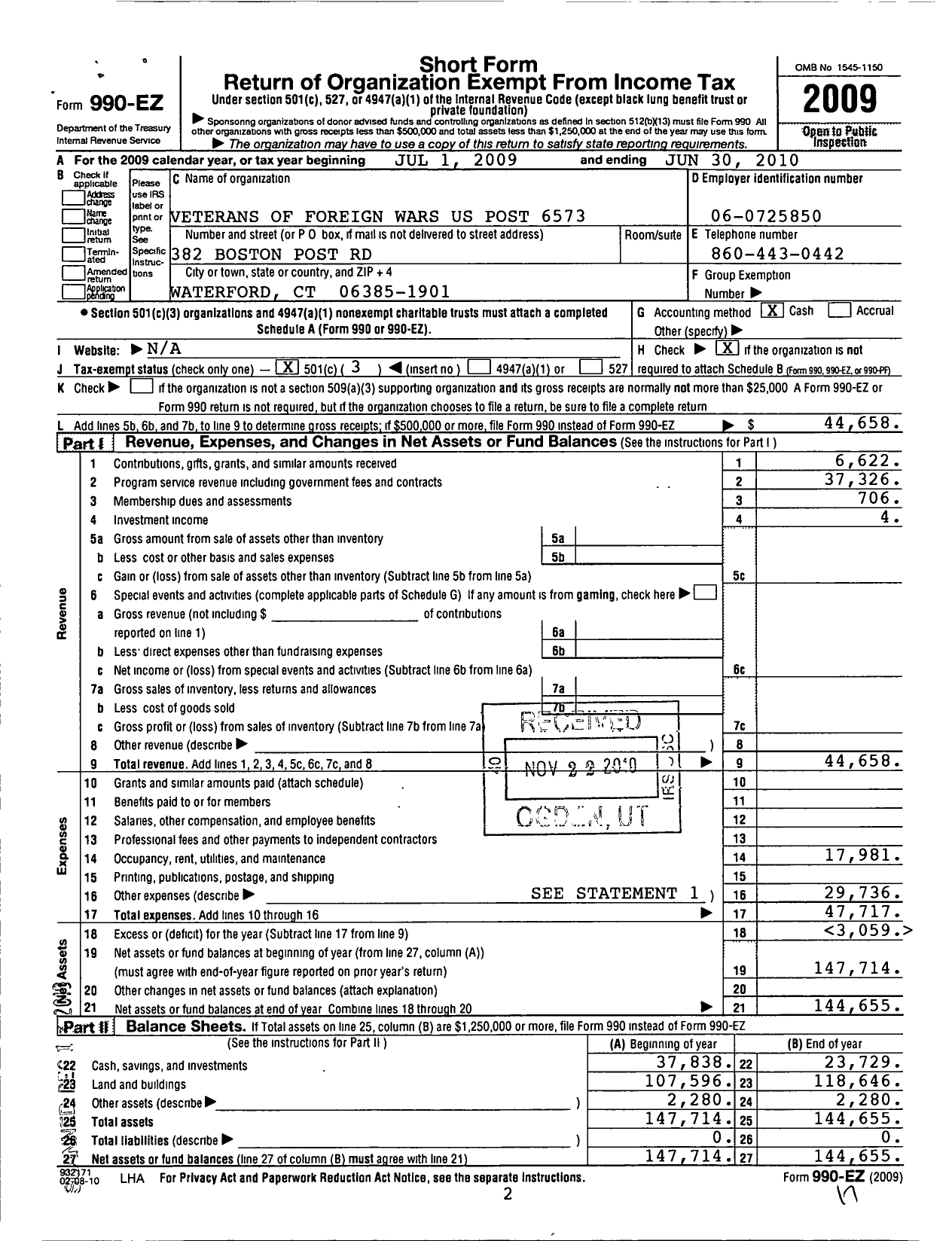 Image of first page of 2009 Form 990EZ for Waterford Post 6573 Veterans of Foreign Wars of the Us