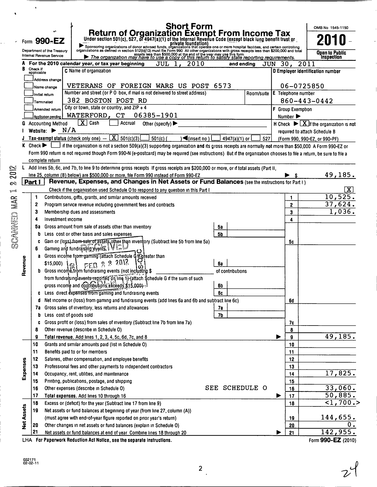 Image of first page of 2010 Form 990EZ for Waterford Post 6573 Veterans of Foreign Wars of the Us