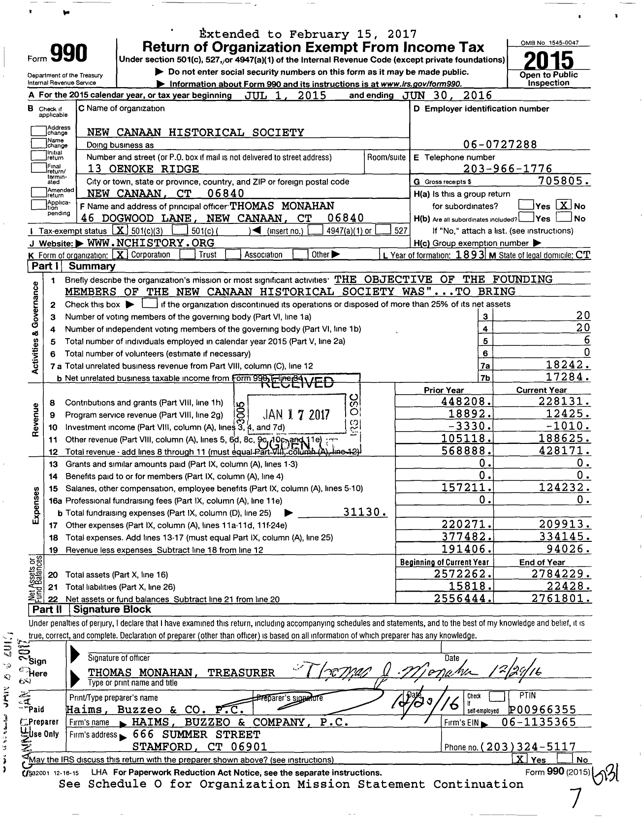 Image of first page of 2015 Form 990 for New Canaan Historical Society