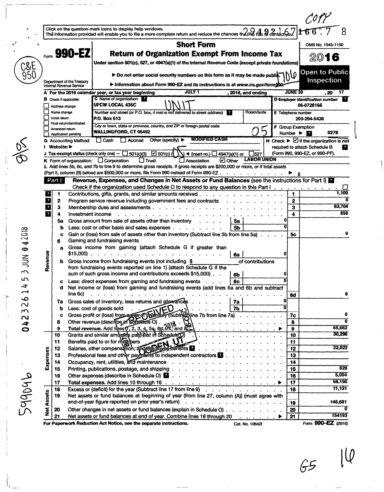 Image of first page of 2016 Form 990EO for United Food & Commercial Workers Union - 436c Local