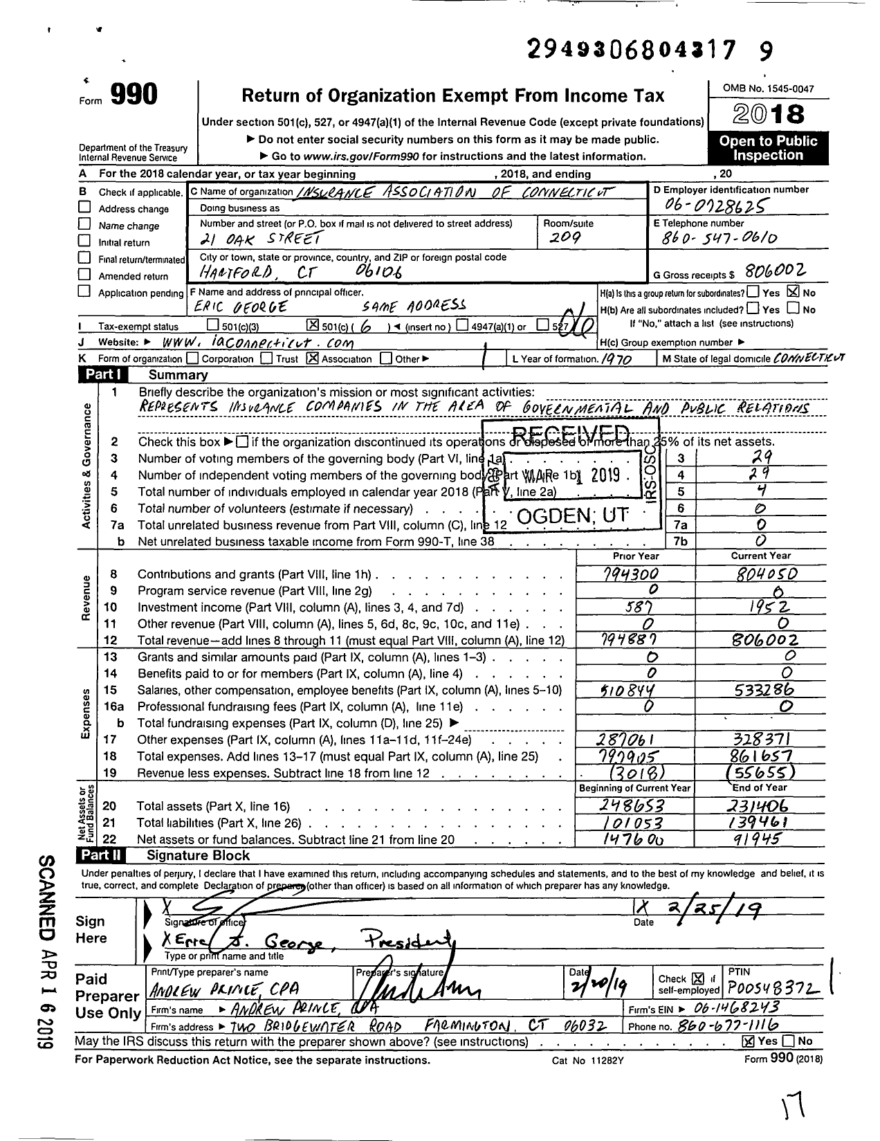 Image of first page of 2018 Form 990O for Insurance Association of Connecticut