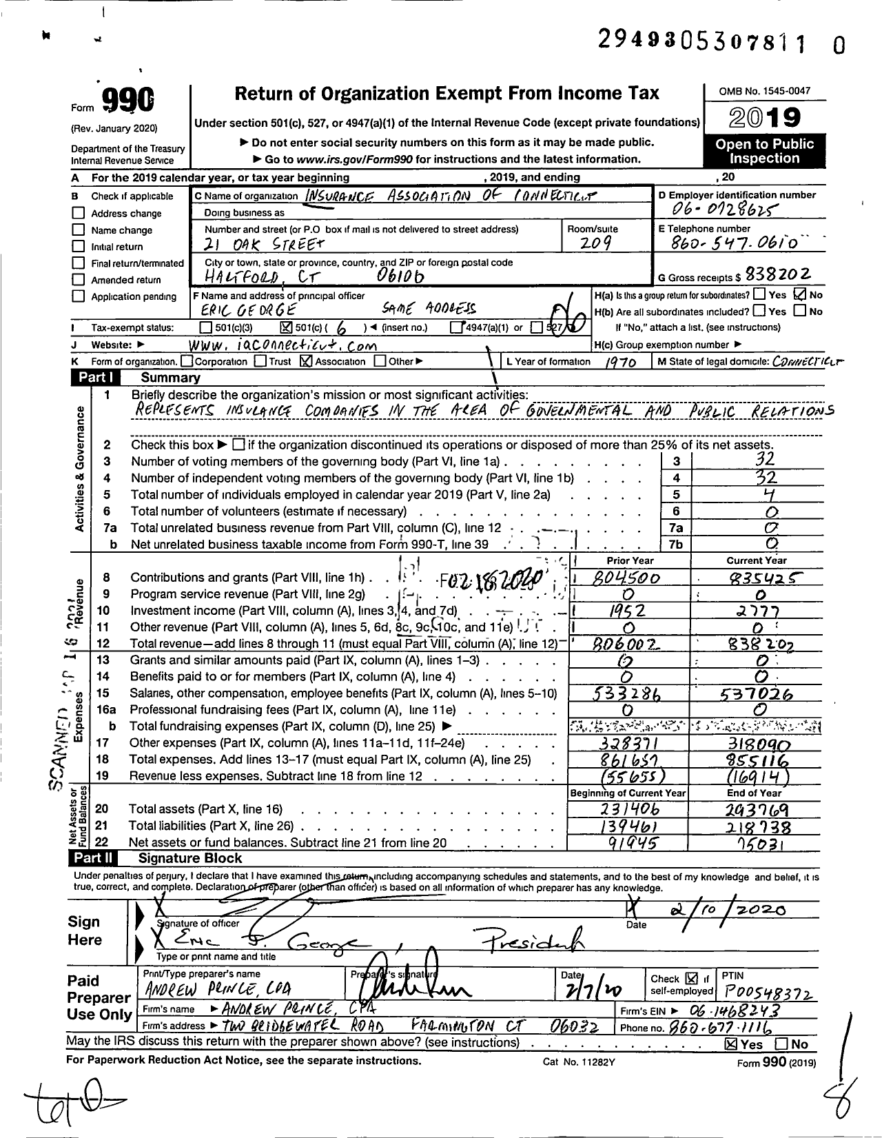 Image of first page of 2019 Form 990O for Insurance Association of Connecticut