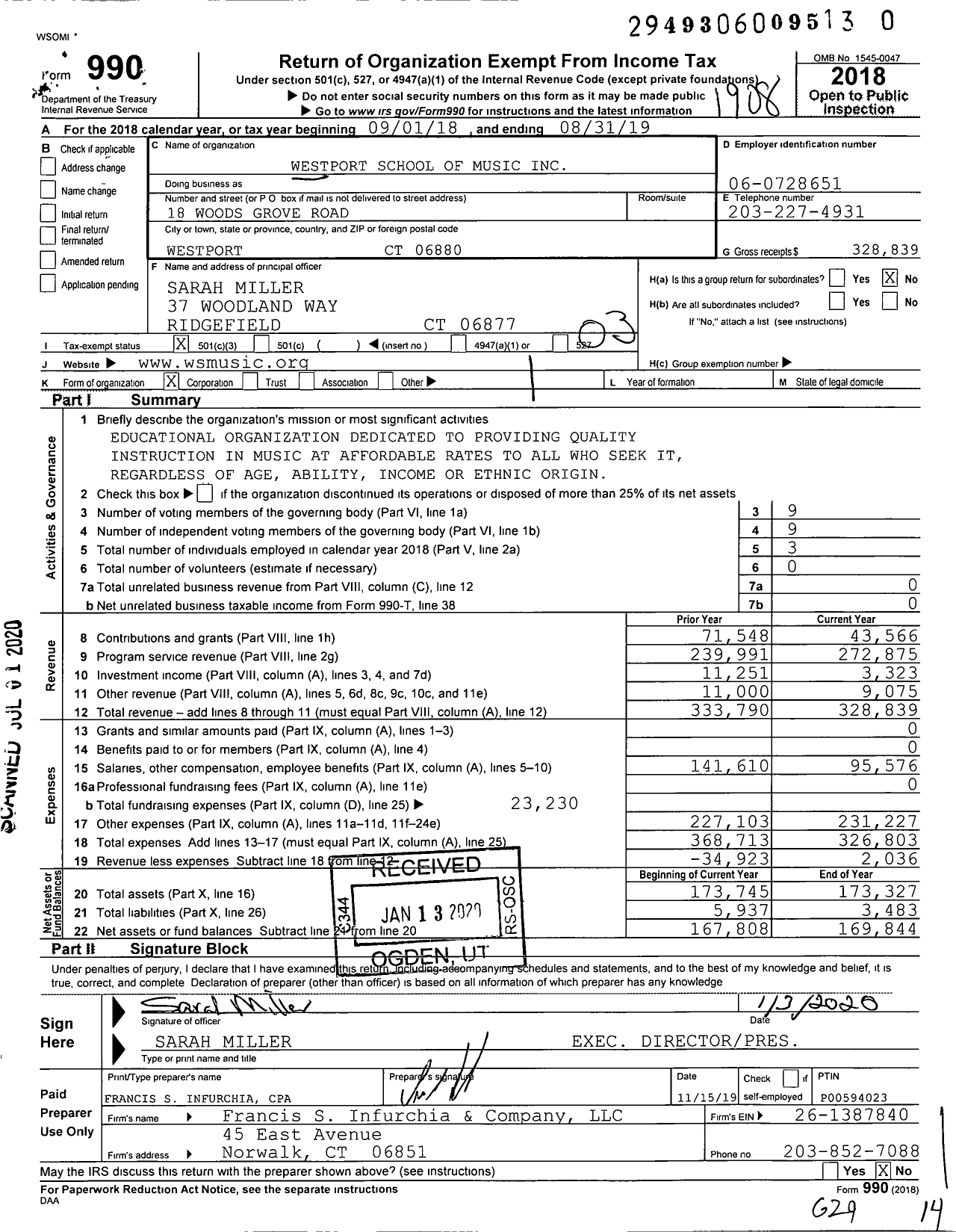 Image of first page of 2018 Form 990 for Westport School of Music