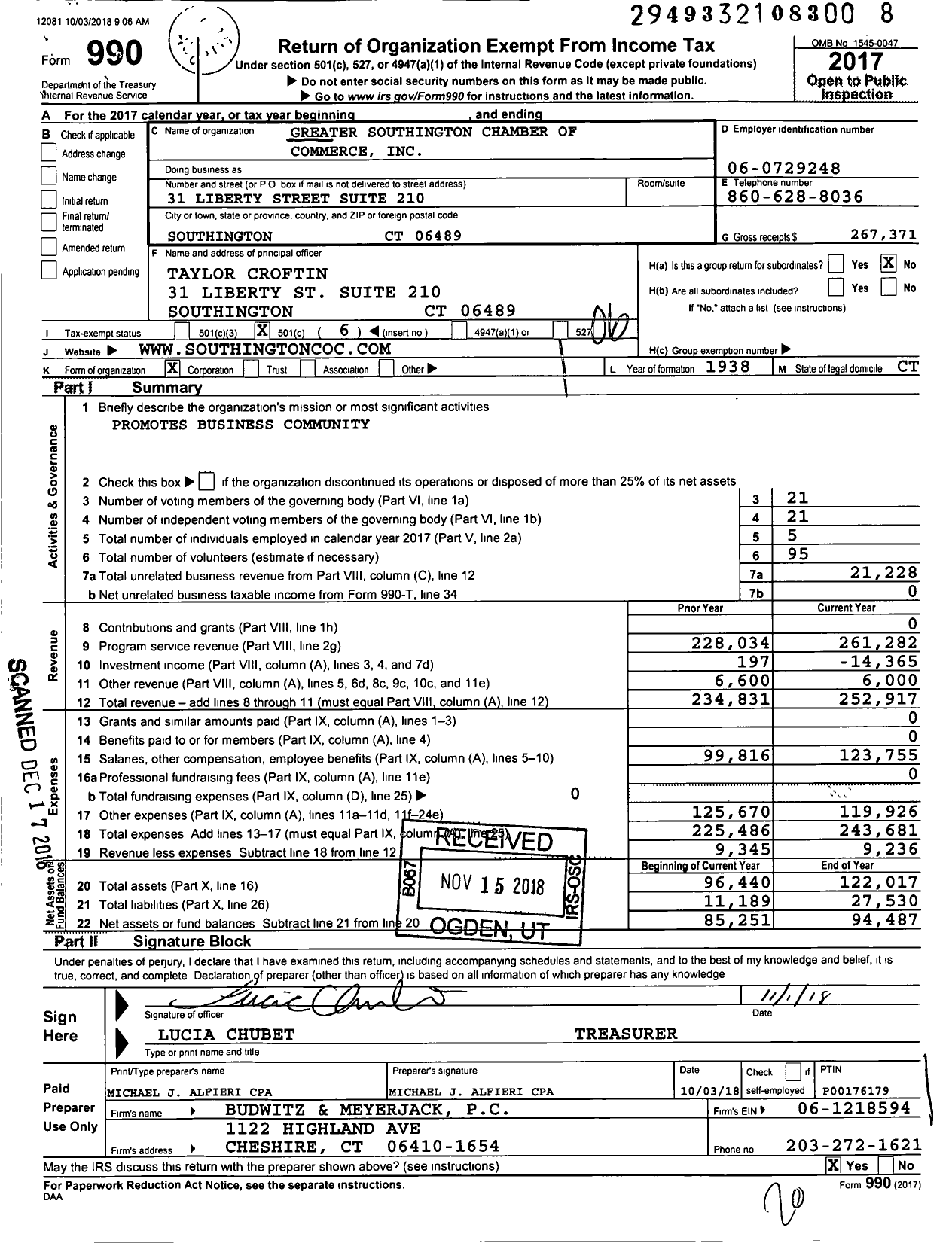 Image of first page of 2017 Form 990O for Greater Southington Chamber of Commerce