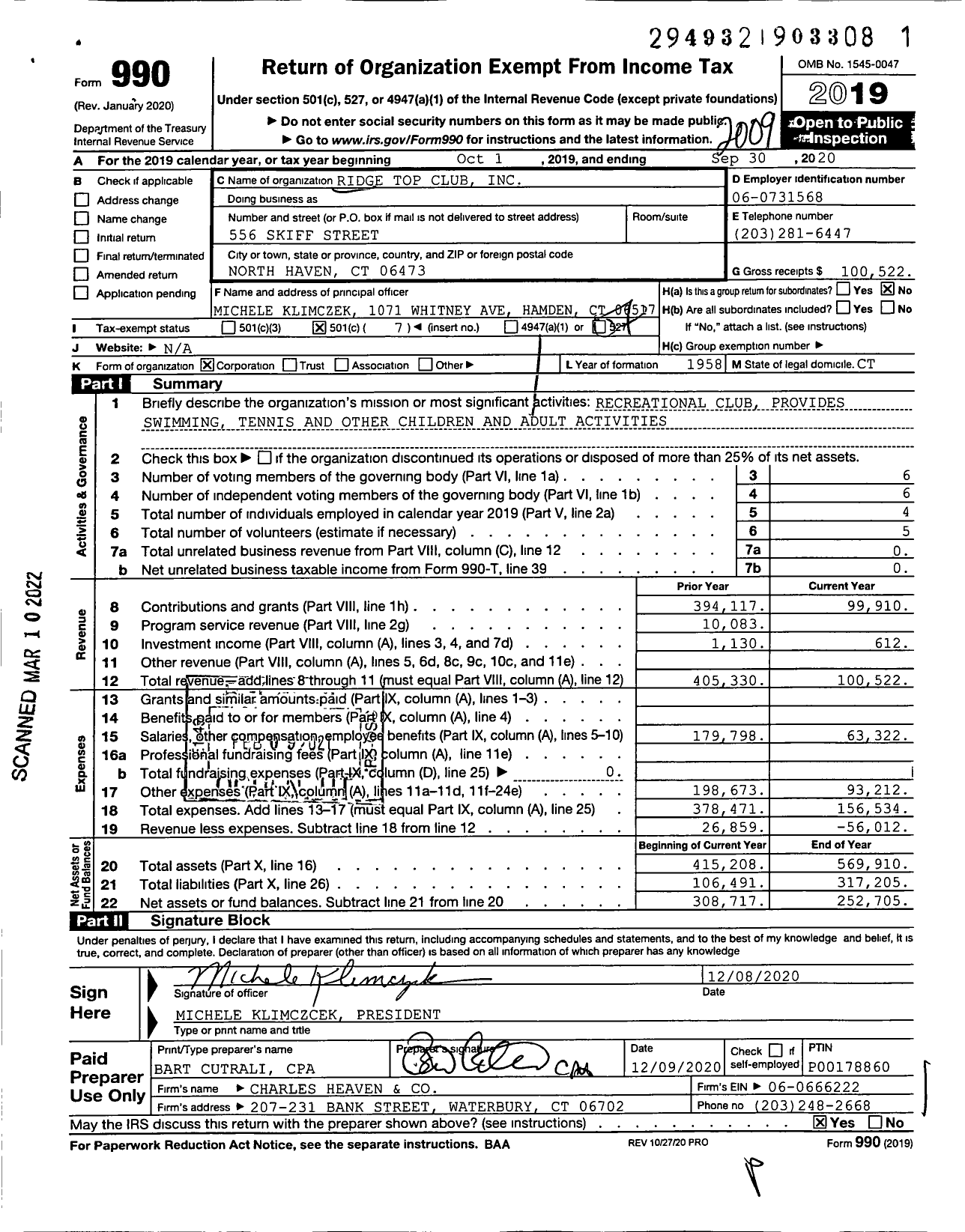 Image of first page of 2019 Form 990O for Ridge Top Club