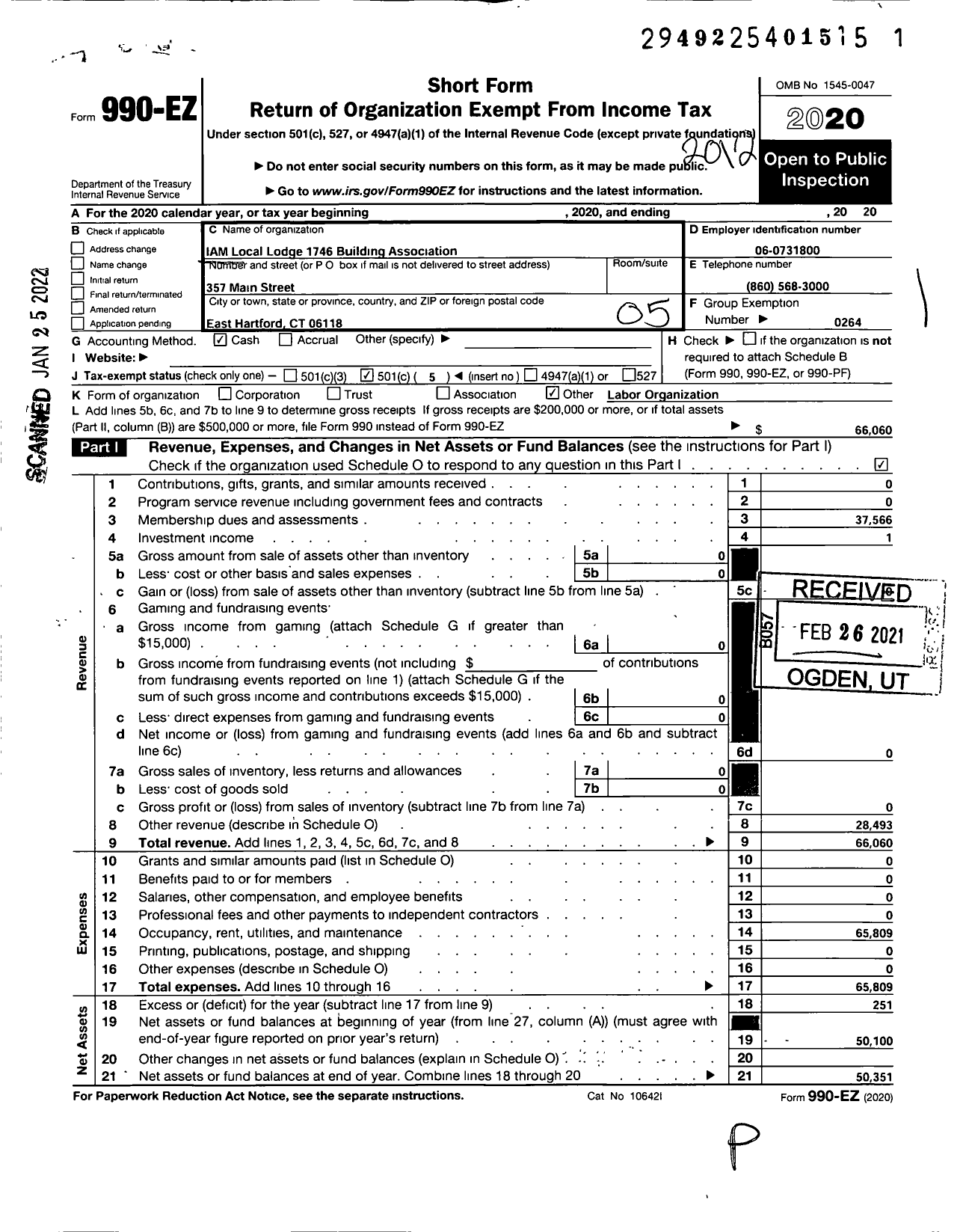 Image of first page of 2020 Form 990EO for INTERNATIONAL ASSOCIATION OF MACHINISTS and AEROSPACE WORKERS - 1746 Building Corporation