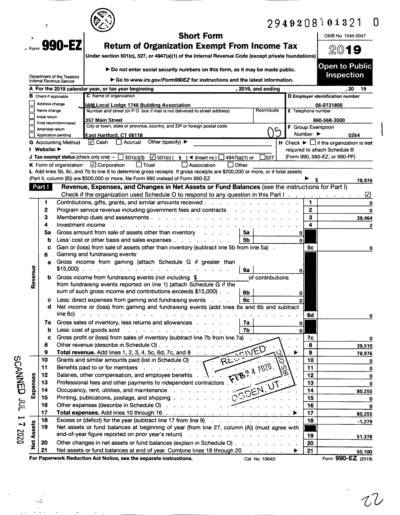 Image of first page of 2019 Form 990EO for INTERNATIONAL ASSOCIATION OF MACHINISTS and AEROSPACE WORKERS - 1746 Building Corporation