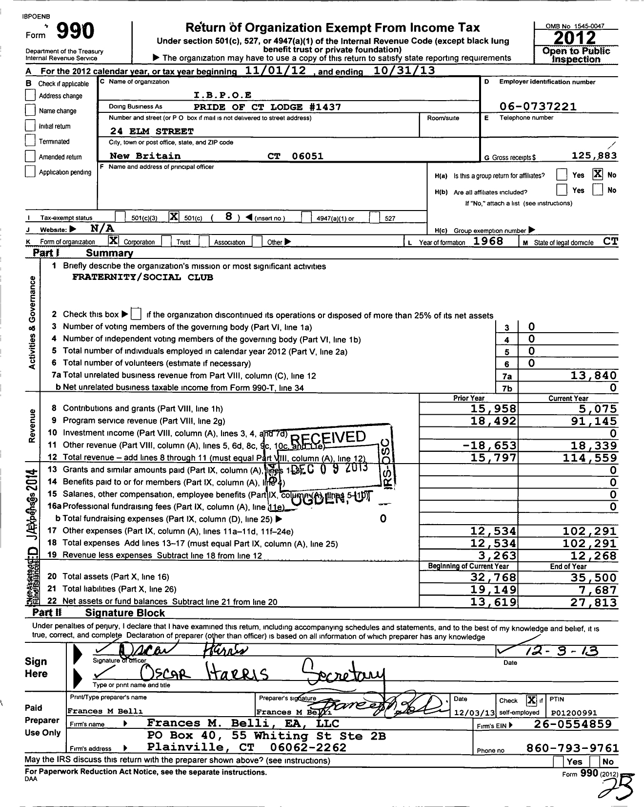 Image of first page of 2012 Form 990O for Improved Benevolent and Protective Order of Elks of the World - 1437 PD of Conn Lodge