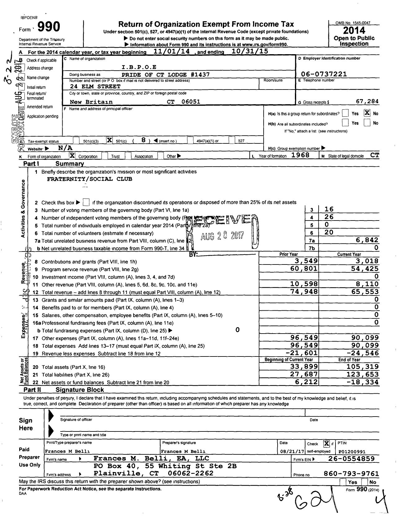 Image of first page of 2014 Form 990O for Improved Benevolent and Protective Order of Elks of the World - 1437 PD of Conn Lodge