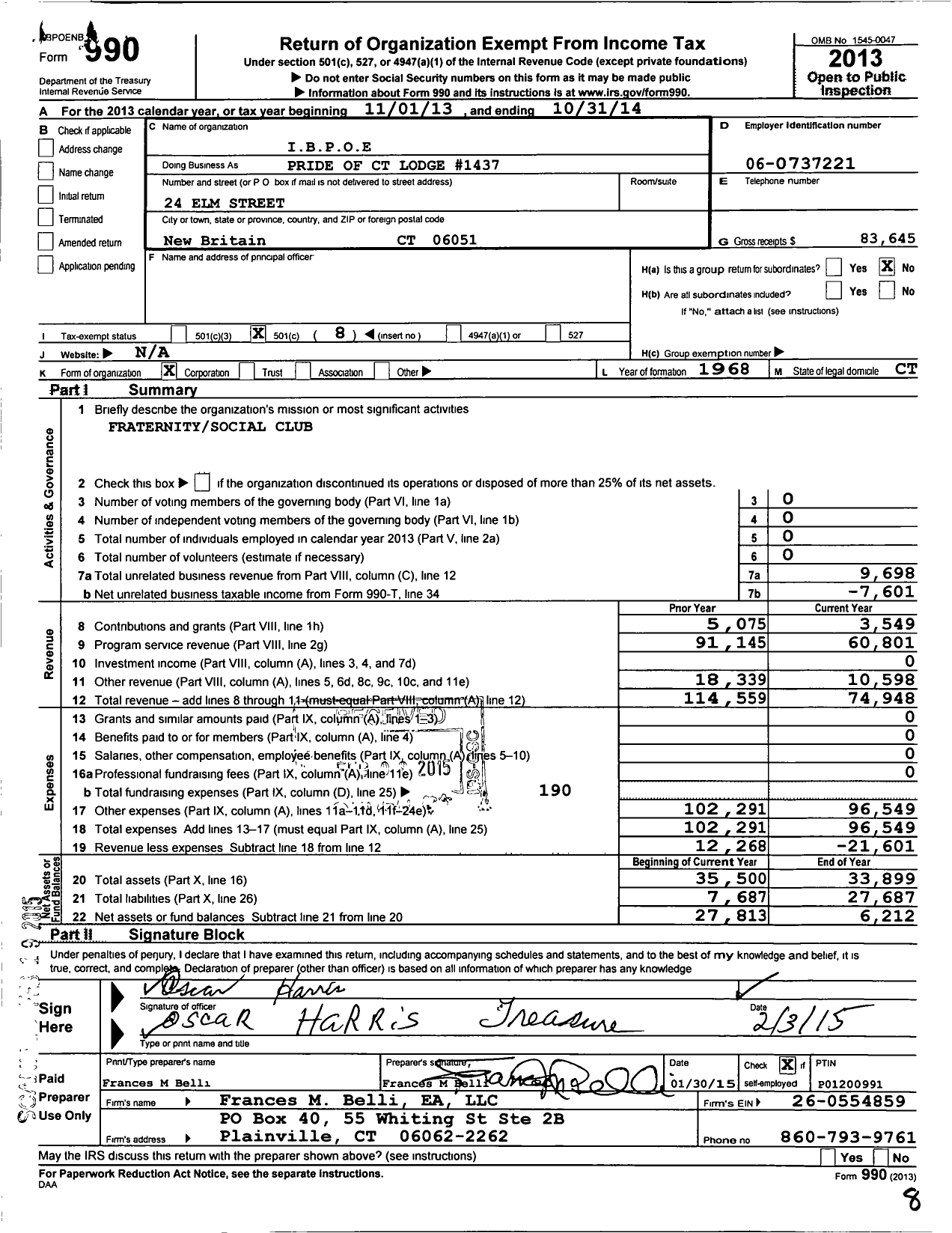 Image of first page of 2013 Form 990O for Improved Benevolent and Protective Order of Elks of the World - 1437 PD of Conn Lodge