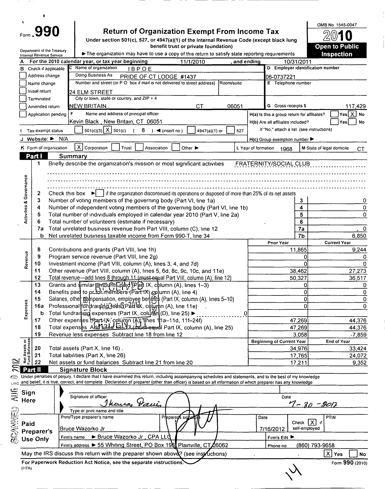 Image of first page of 2010 Form 990O for Improved Benevolent and Protective Order of Elks of the World - 1437 PD of Conn Lodge