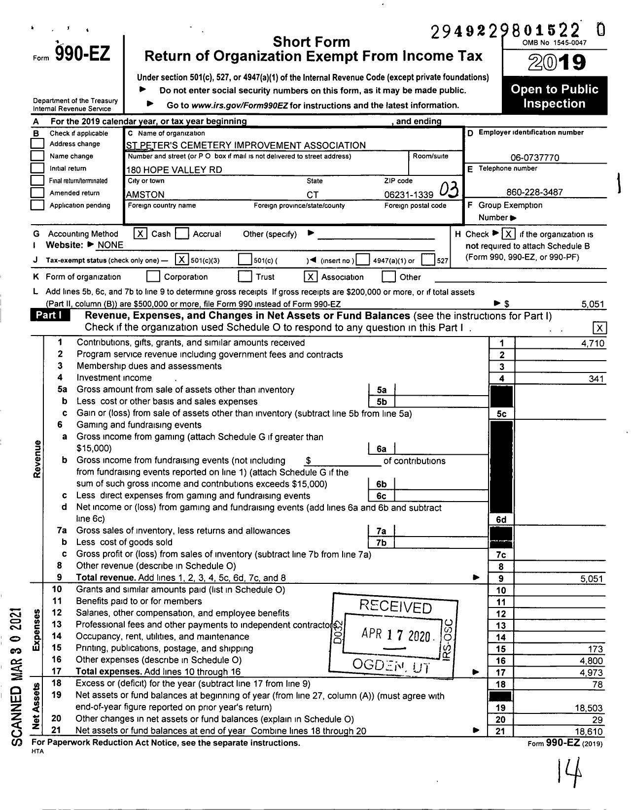 Image of first page of 2019 Form 990EZ for St Peter's Cemetary Improvement Association