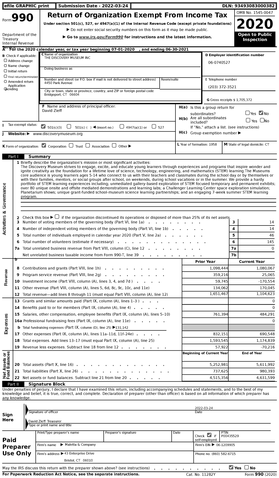 Image of first page of 2020 Form 990 for Discovery Museum and Planetarium