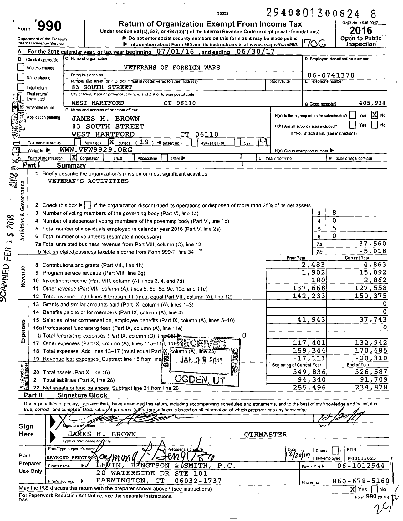Image of first page of 2016 Form 990O for VFW Department of Connecticut - 9929 Vfw-Conn