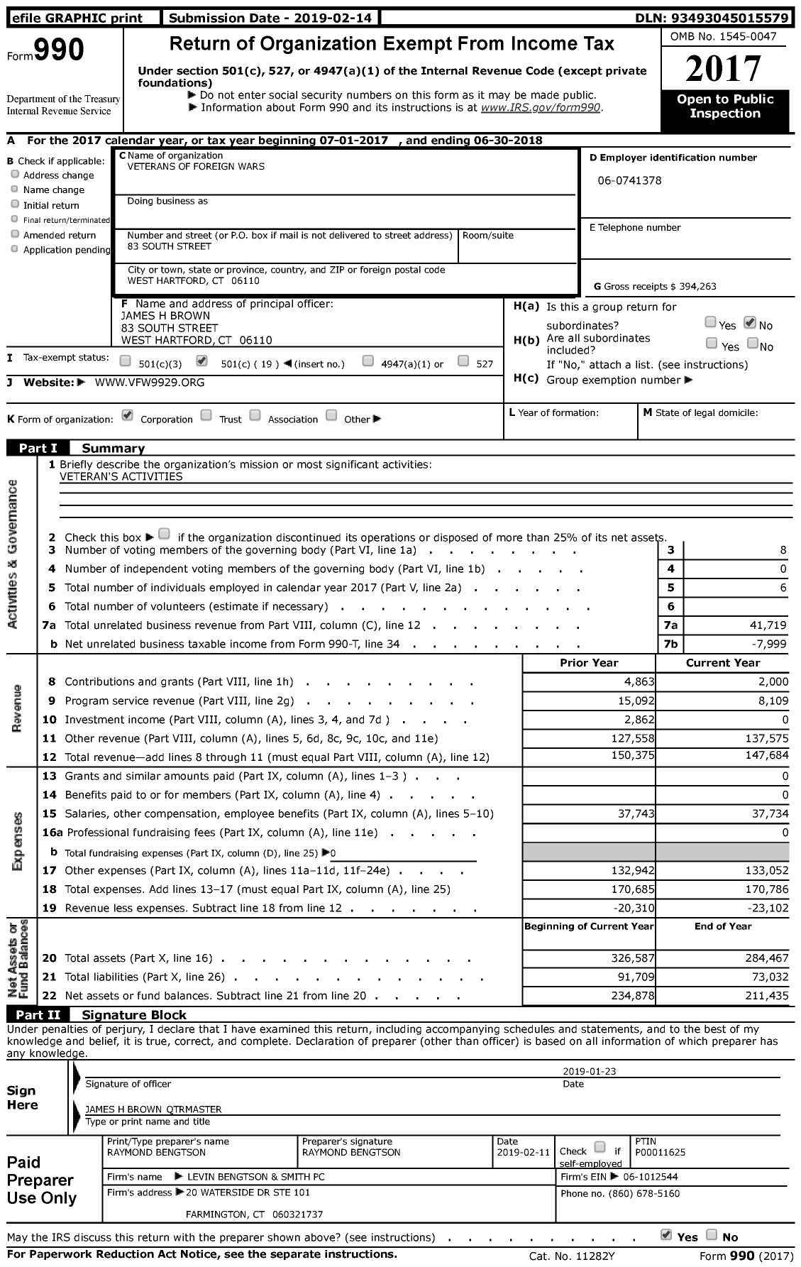 Image of first page of 2017 Form 990 for VFW Department of Connecticut - 9929 Vfw-Conn