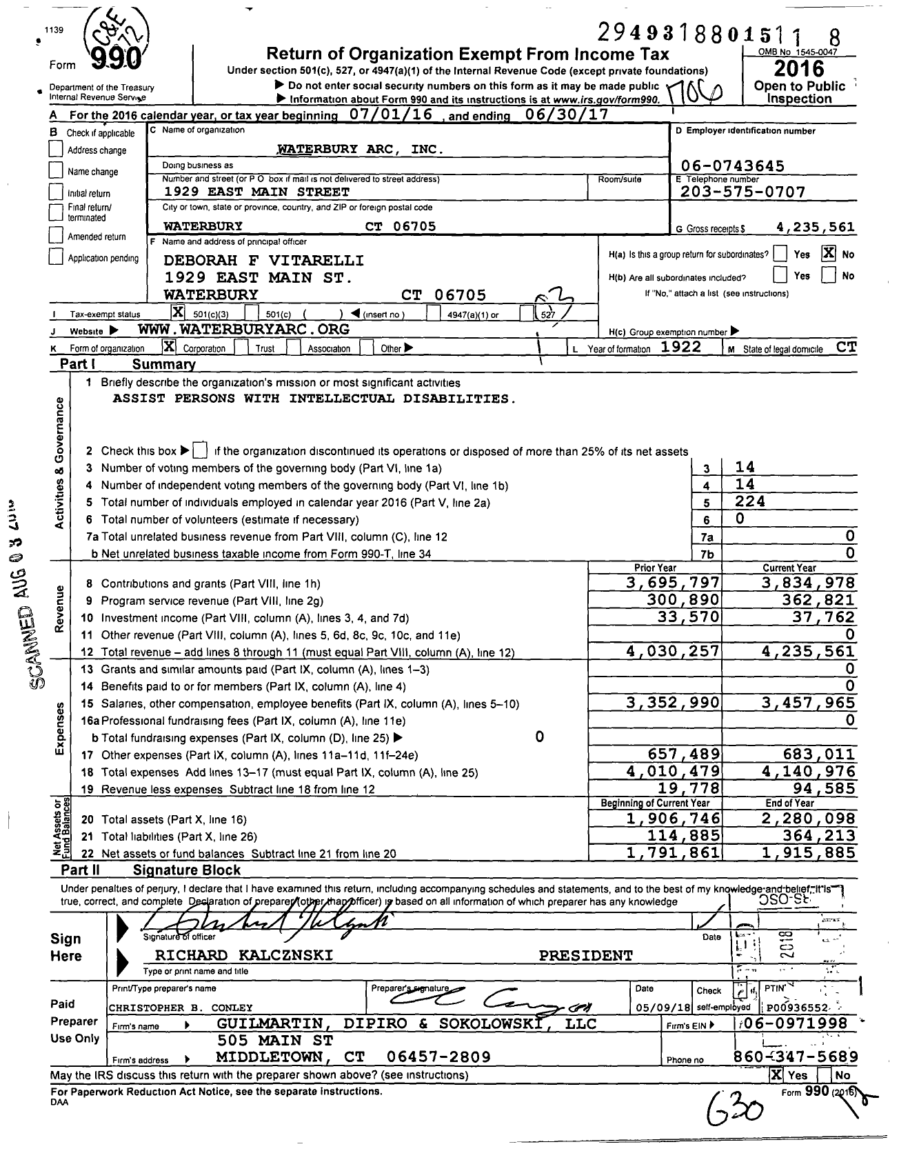 Image of first page of 2016 Form 990 for Waterbury Arc