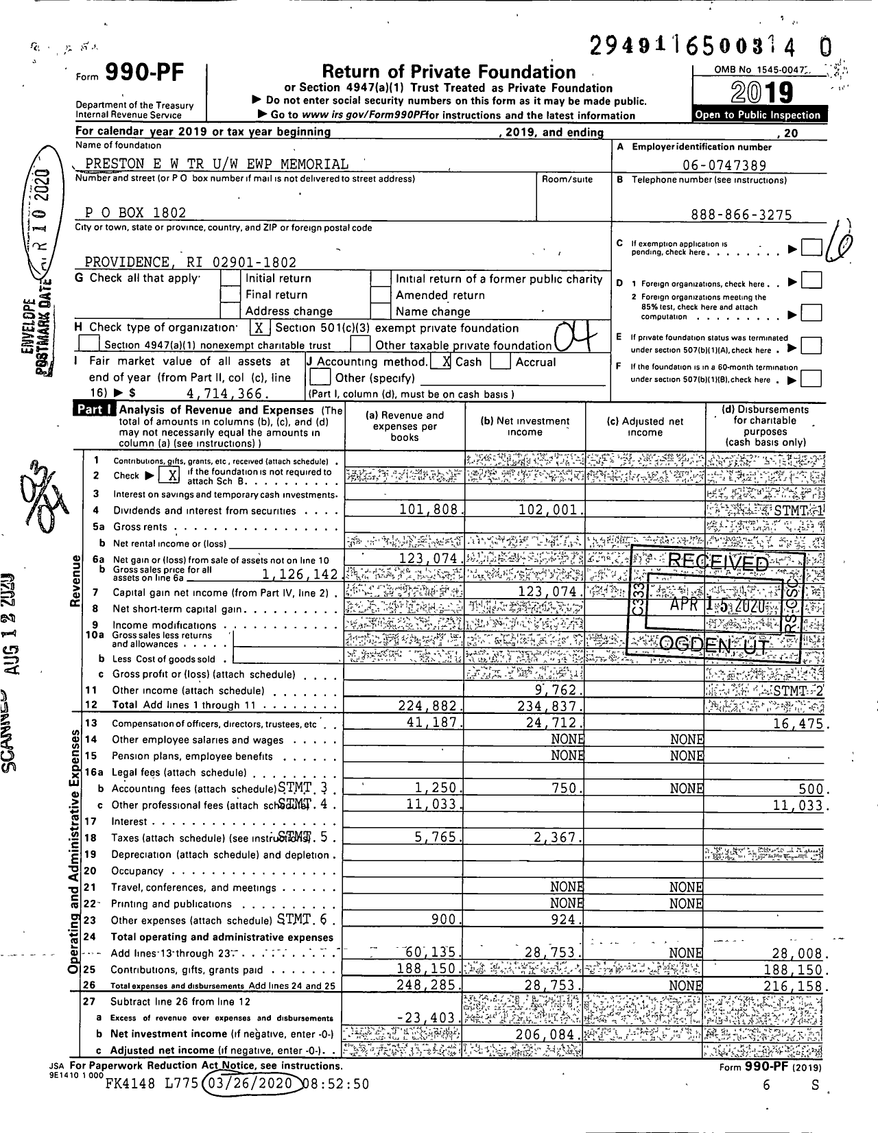 Image of first page of 2019 Form 990PR for Preston E W TR Uw Ewp Memorial