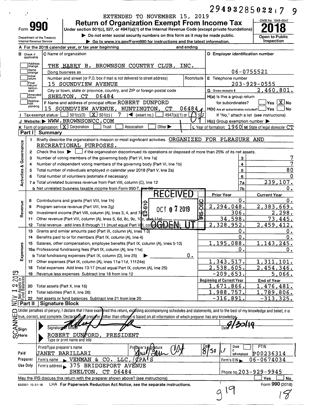 Image of first page of 2018 Form 990O for The Harry B Brownson Country Club