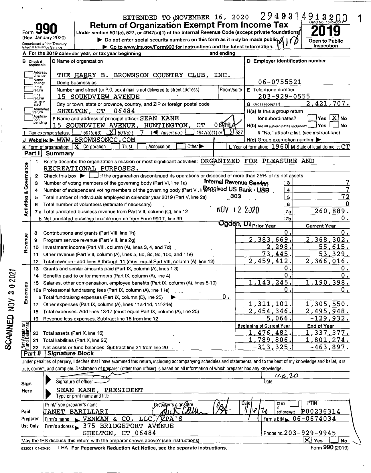 Image of first page of 2019 Form 990O for The Harry B Brownson Country Club