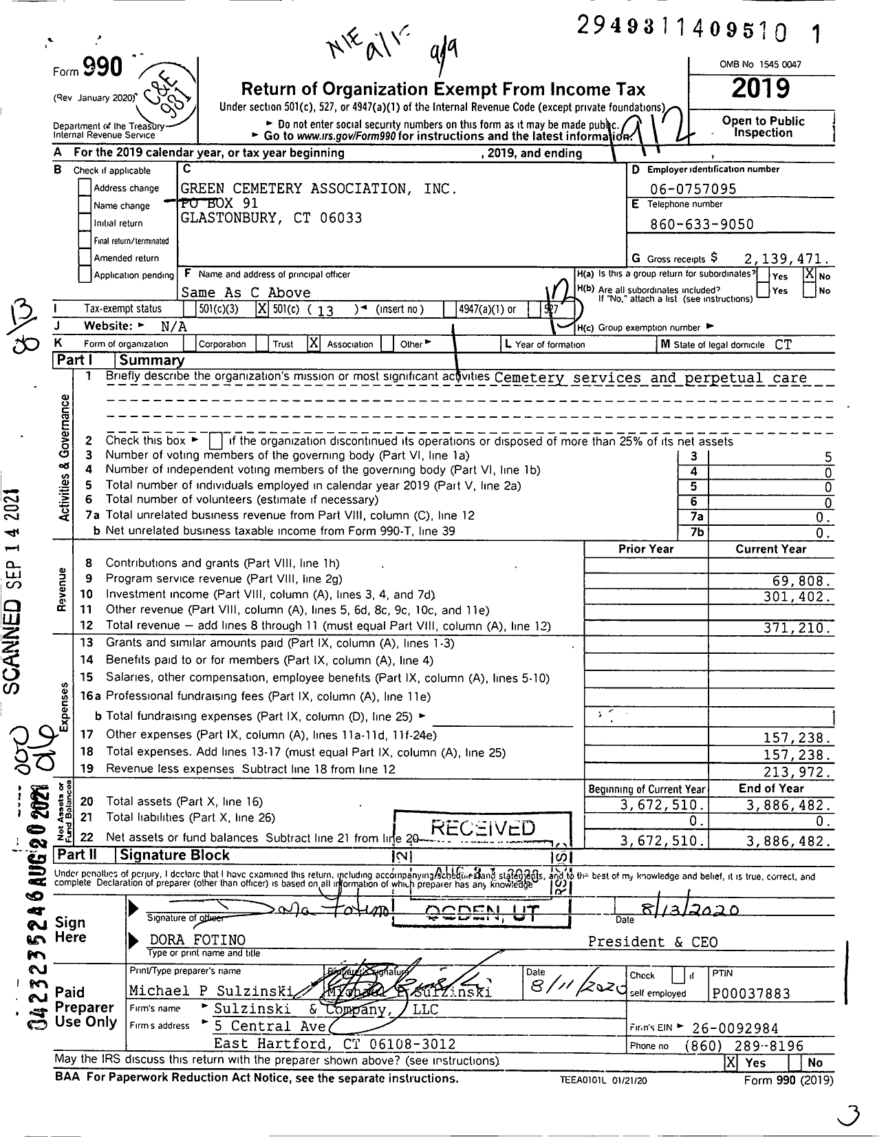 Image of first page of 2019 Form 990O for Green Cemetery Association