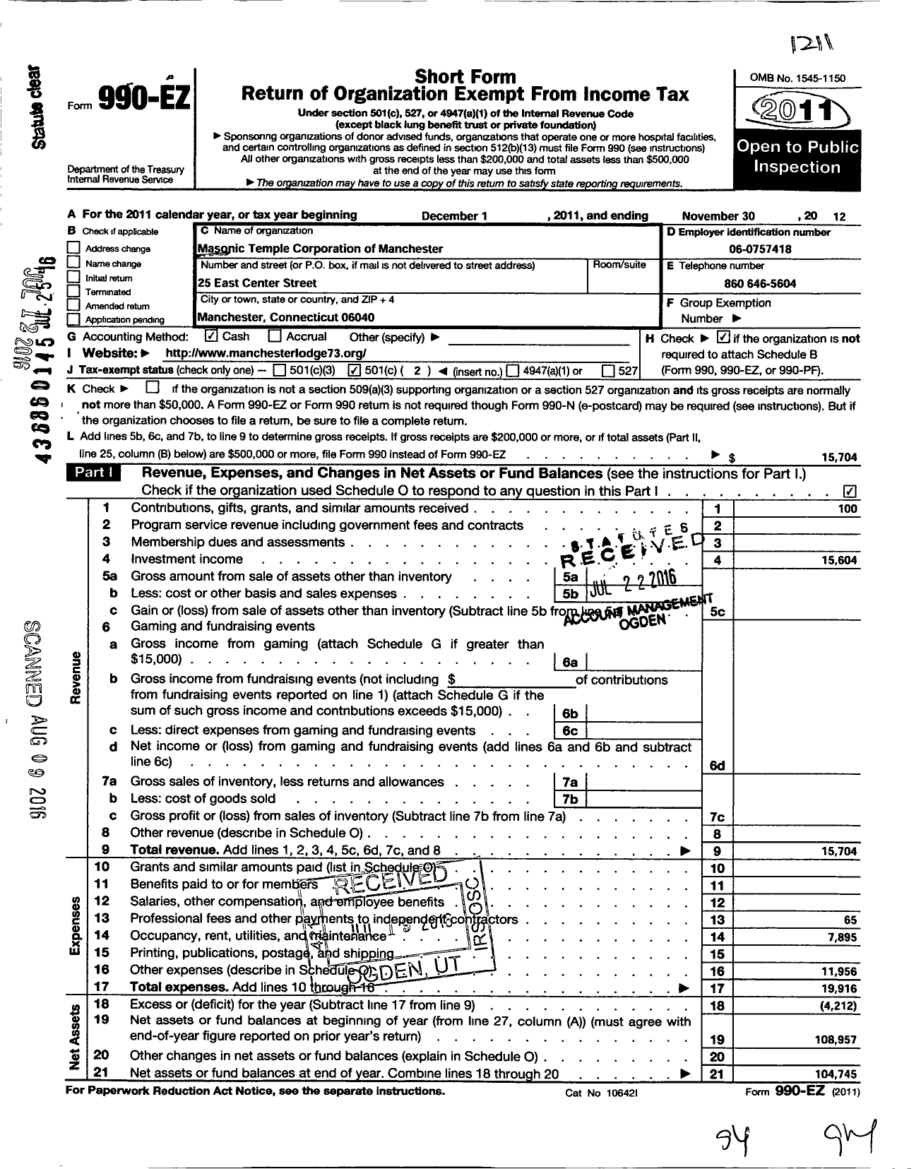 Image of first page of 2011 Form 990EO for Masonic Temple Corp of Manchester