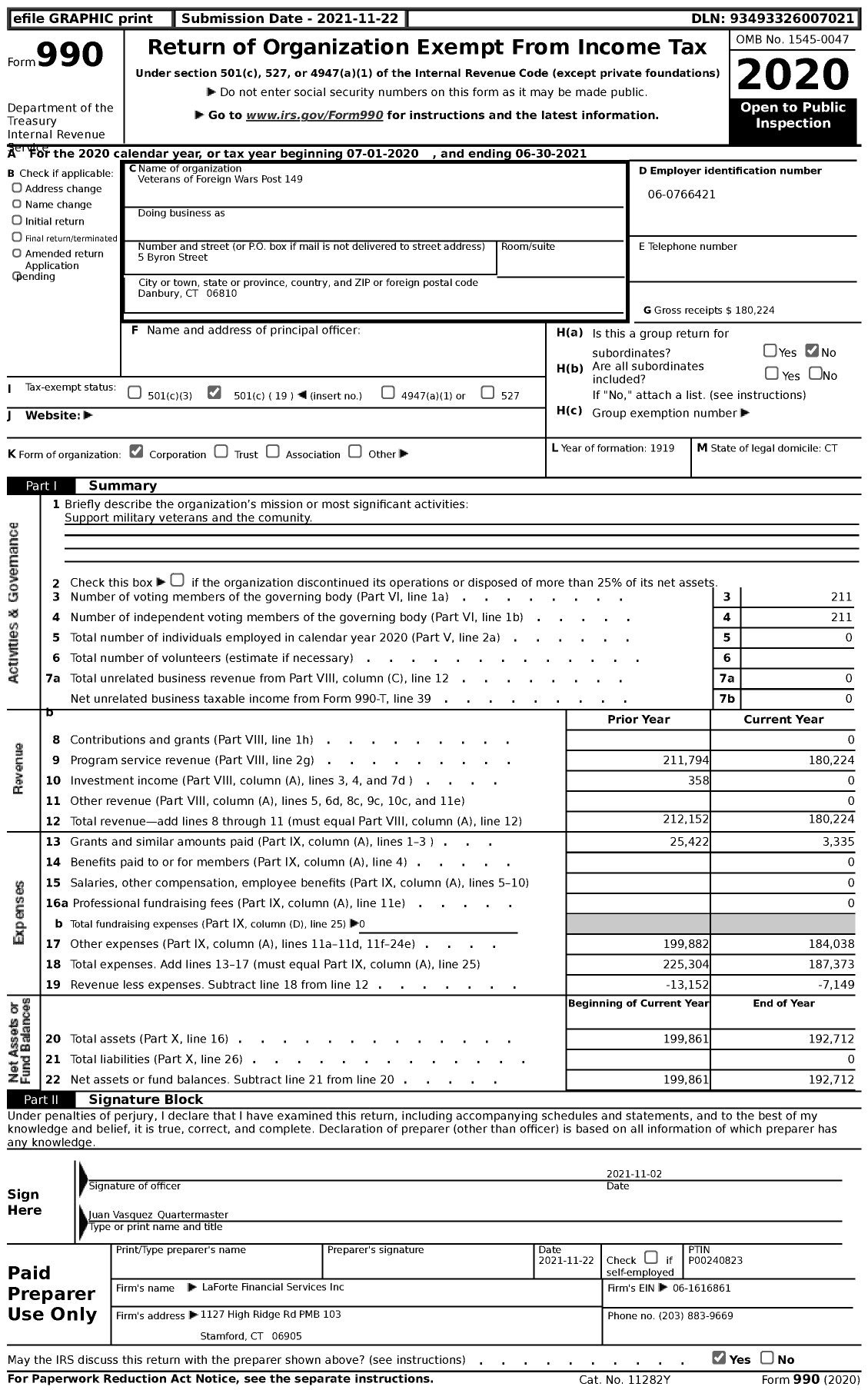 Image of first page of 2020 Form 990 for VFW Department of Connecticut - VFW Post 149