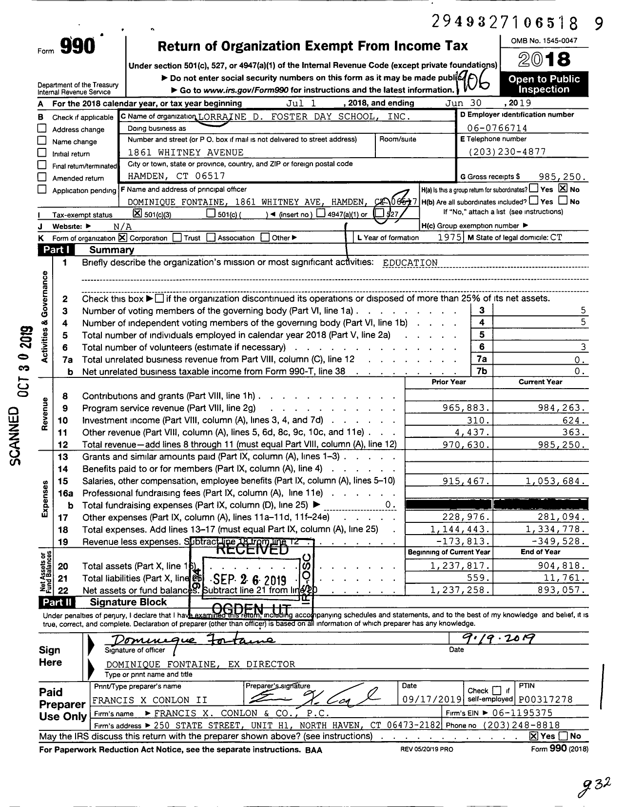 Image of first page of 2018 Form 990 for Lorraine D Foster Day School