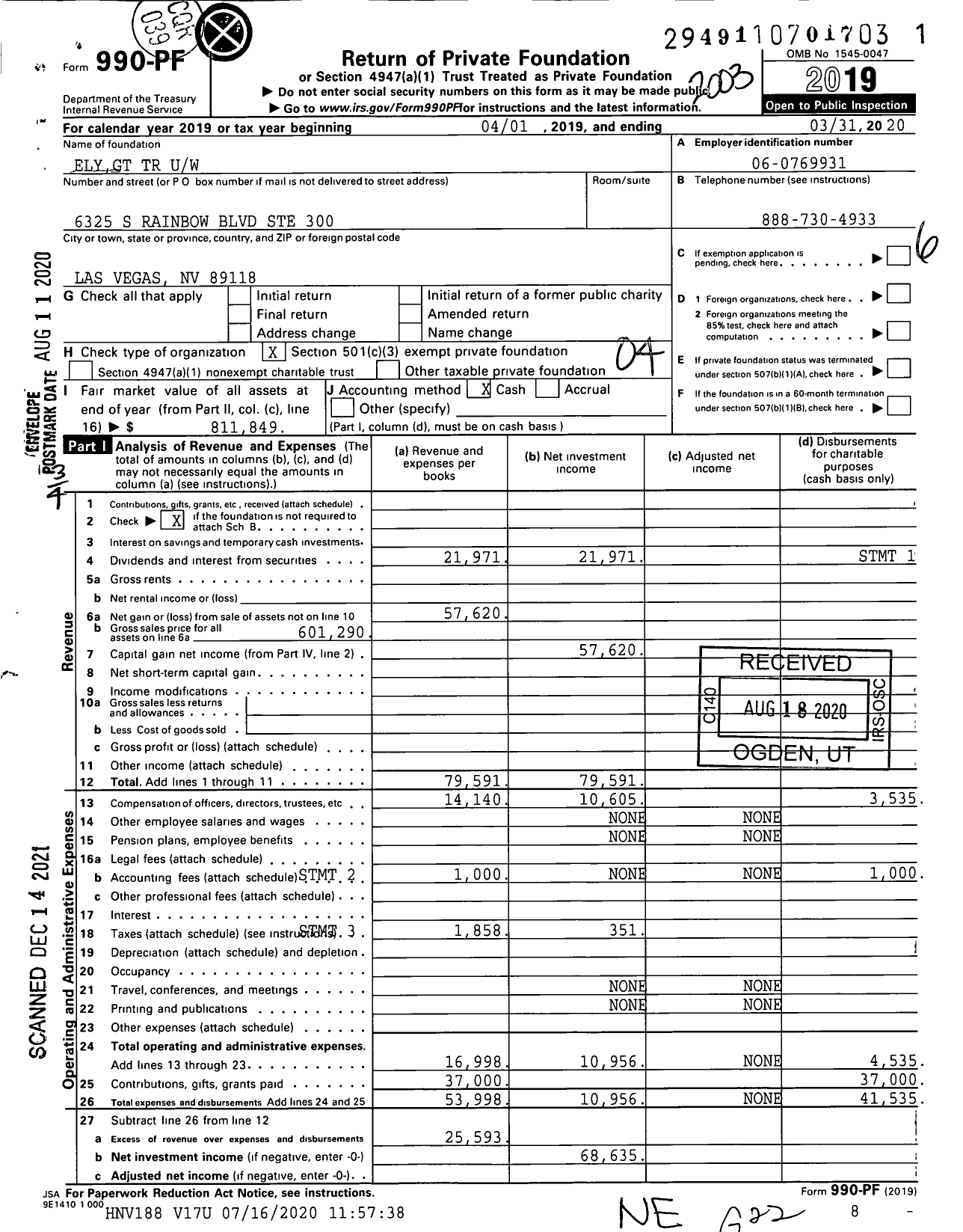 Image of first page of 2019 Form 990PF for Elygt TR Uw