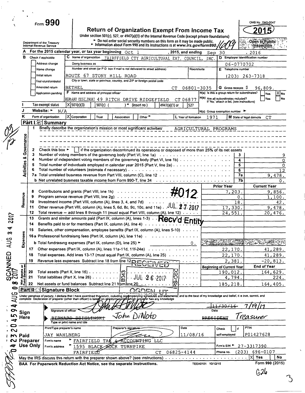 Image of first page of 2015 Form 990 for Fairfield County Agricultural Extension Council