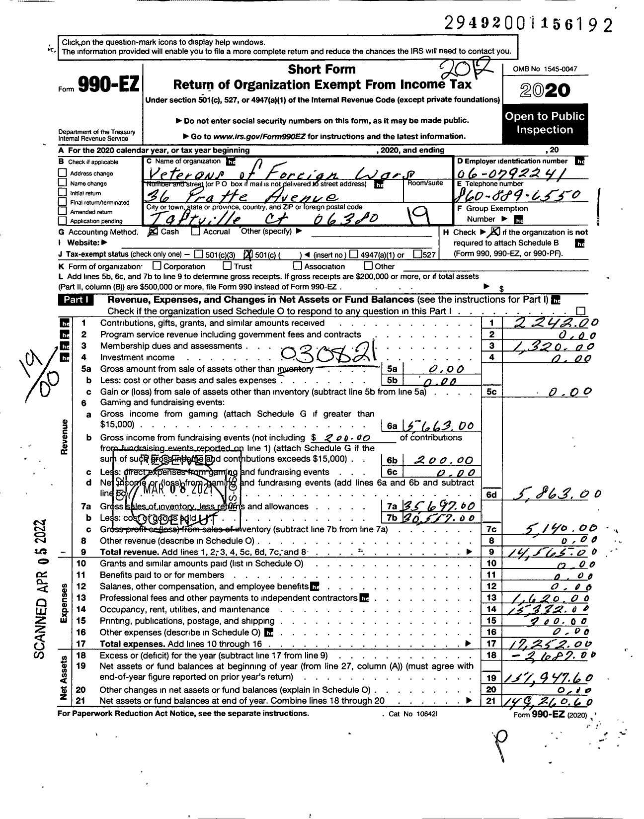 Image of first page of 2020 Form 990EO for VFW Department of Connecticut - Post 2212 Vfw-Conn