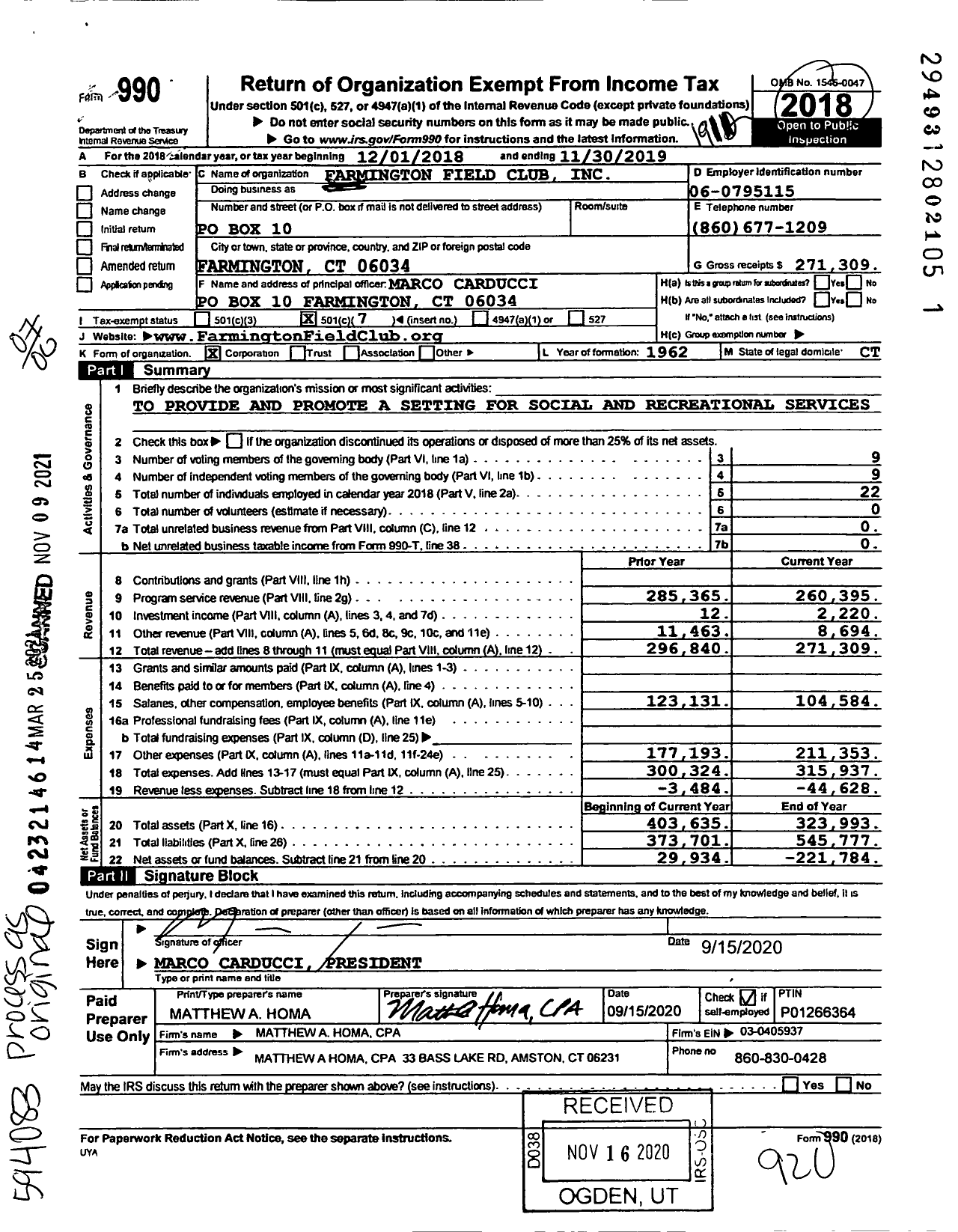 Image of first page of 2018 Form 990O for Farmington Field Club