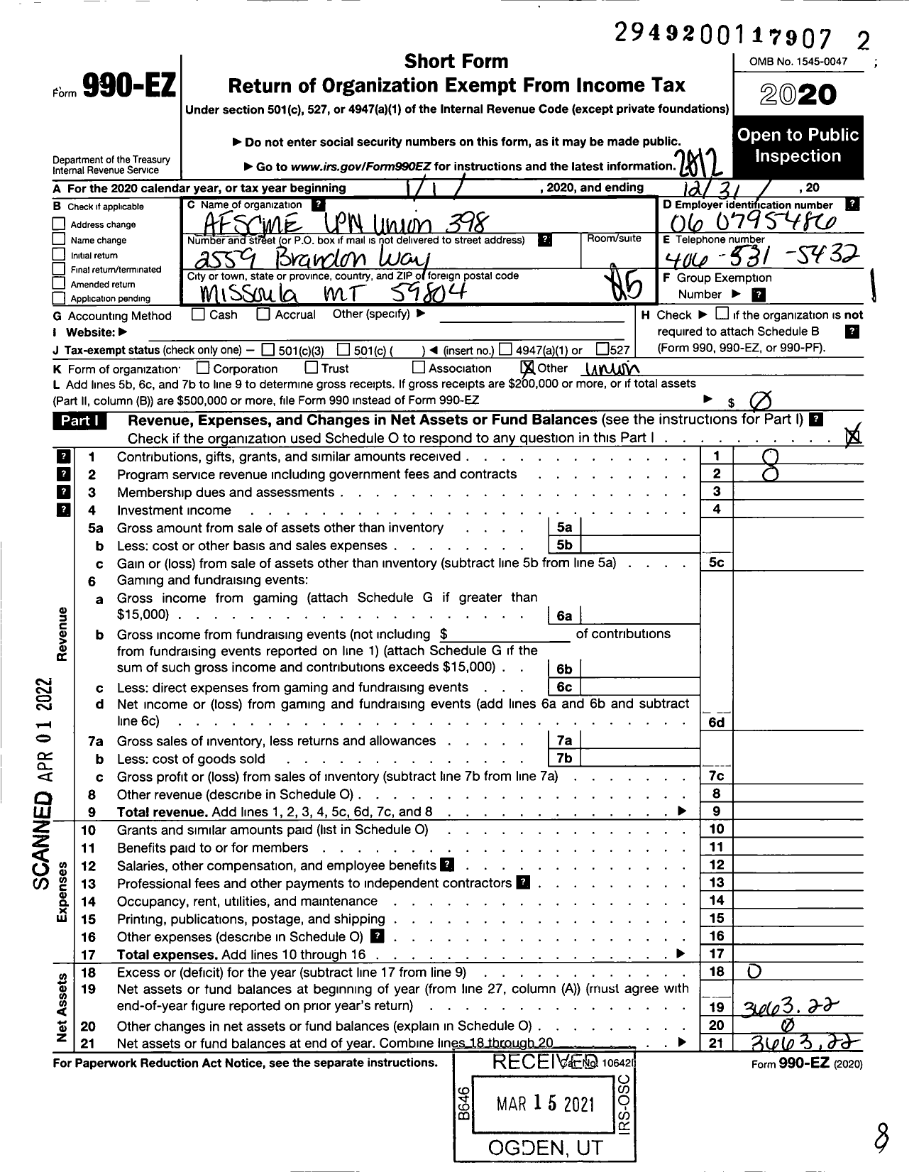 Image of first page of 2020 Form 990EO for American Federation of State County & Municipal Employees - L0398MT Mont Health Care Emps Assn