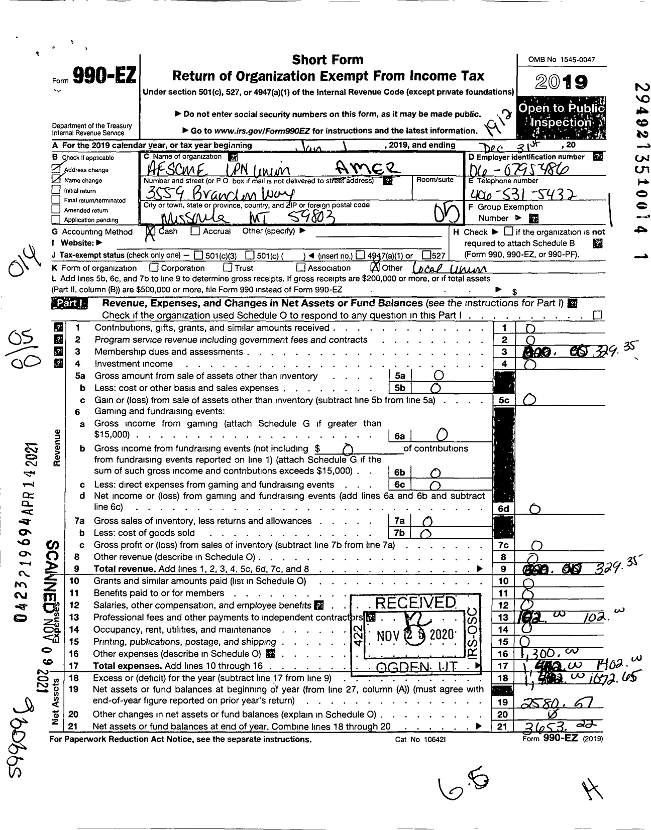 Image of first page of 2019 Form 990EO for American Federation of State County & Municipal Employees - L0398MT Mont Health Care Emps Assn