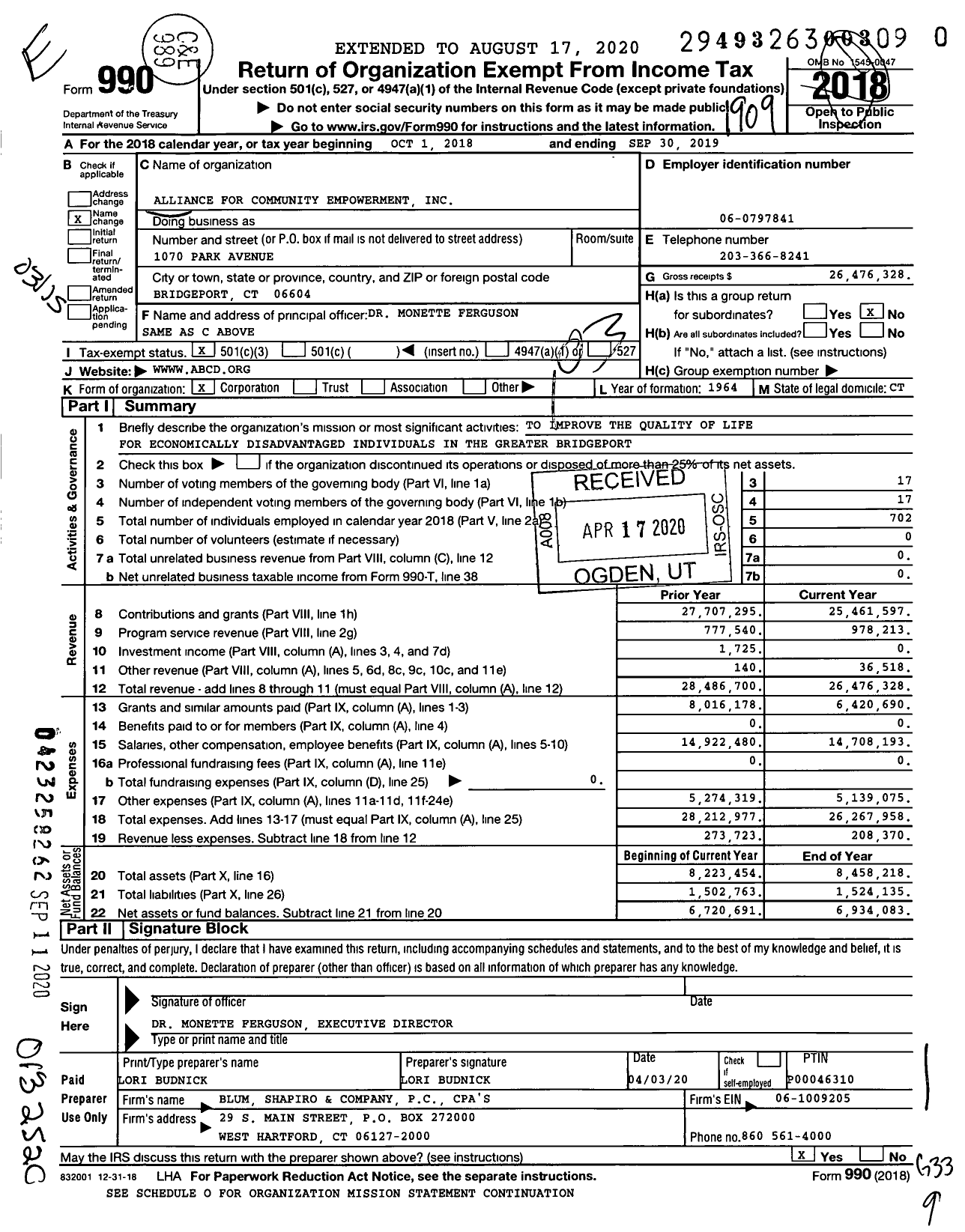 Image of first page of 2018 Form 990 for Alliance for Community Empowerment / Abcd Inc (ABCD)