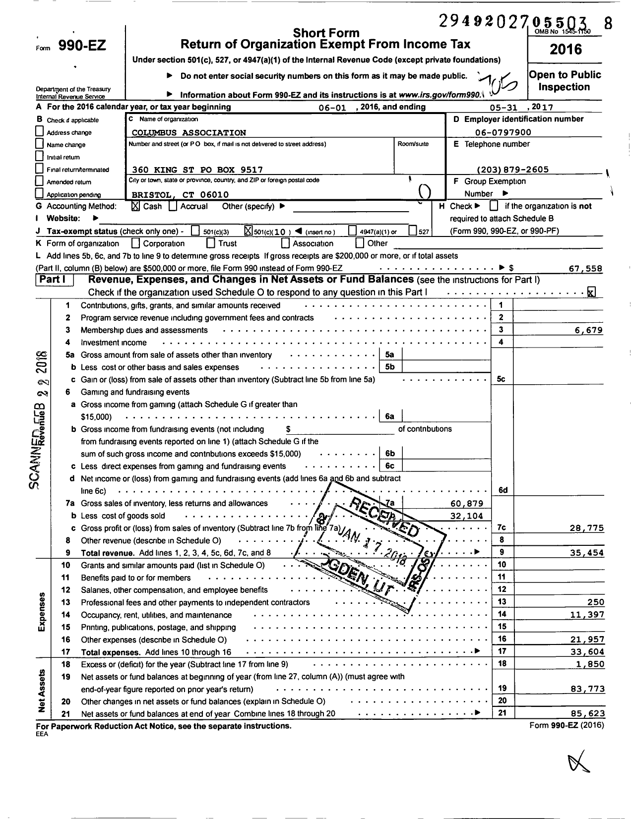 Image of first page of 2016 Form 990EO for Columbus Association