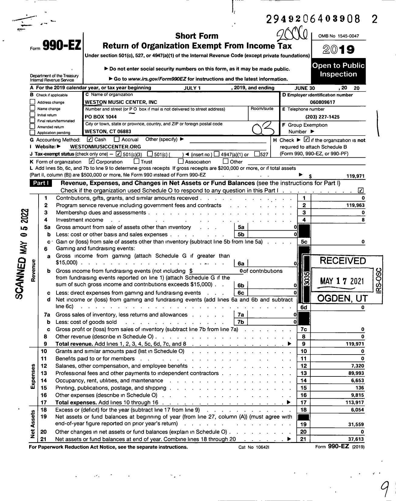 Image of first page of 2019 Form 990EZ for Weston Music Center and School of the Performing Arts