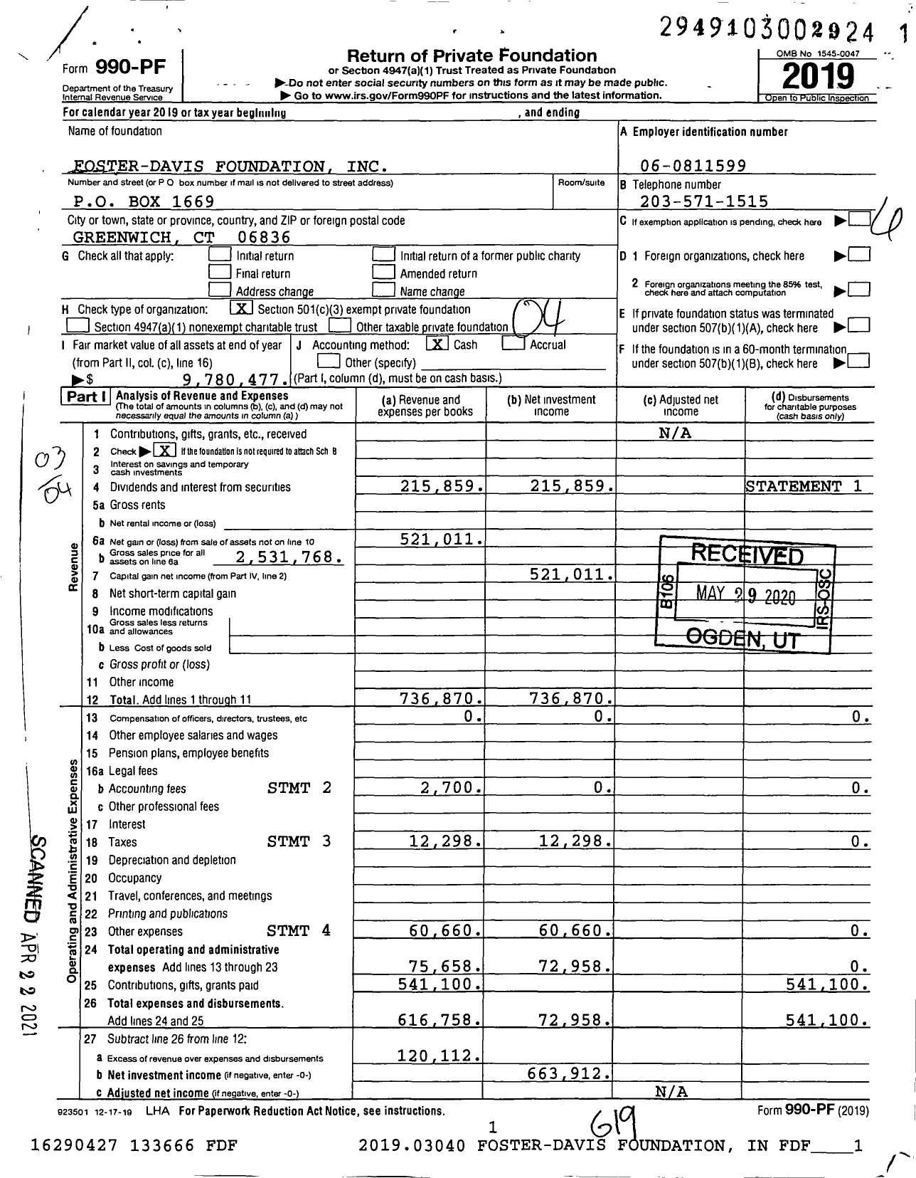 Image of first page of 2019 Form 990PF for Foster-Davis Foundation