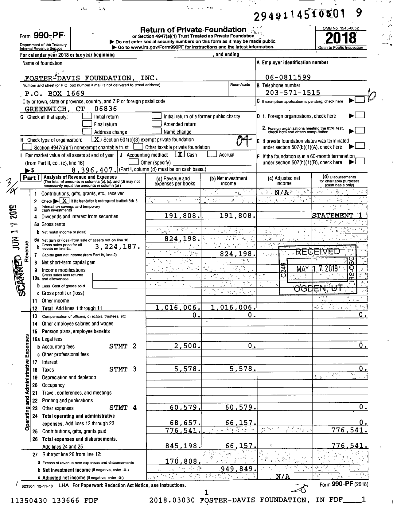 Image of first page of 2018 Form 990PF for Foster-Davis Foundation