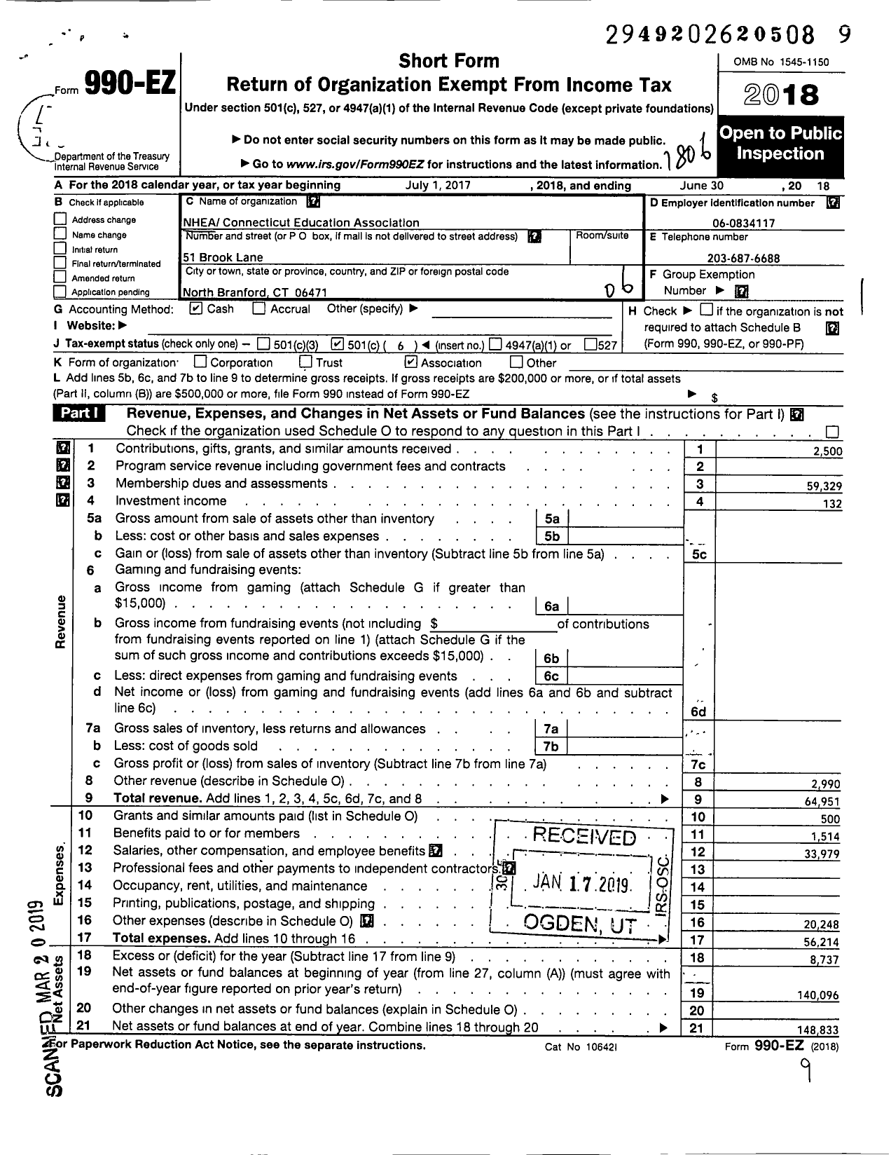 Image of first page of 2017 Form 990EO for CONNECTICUT Education Association - North Haven