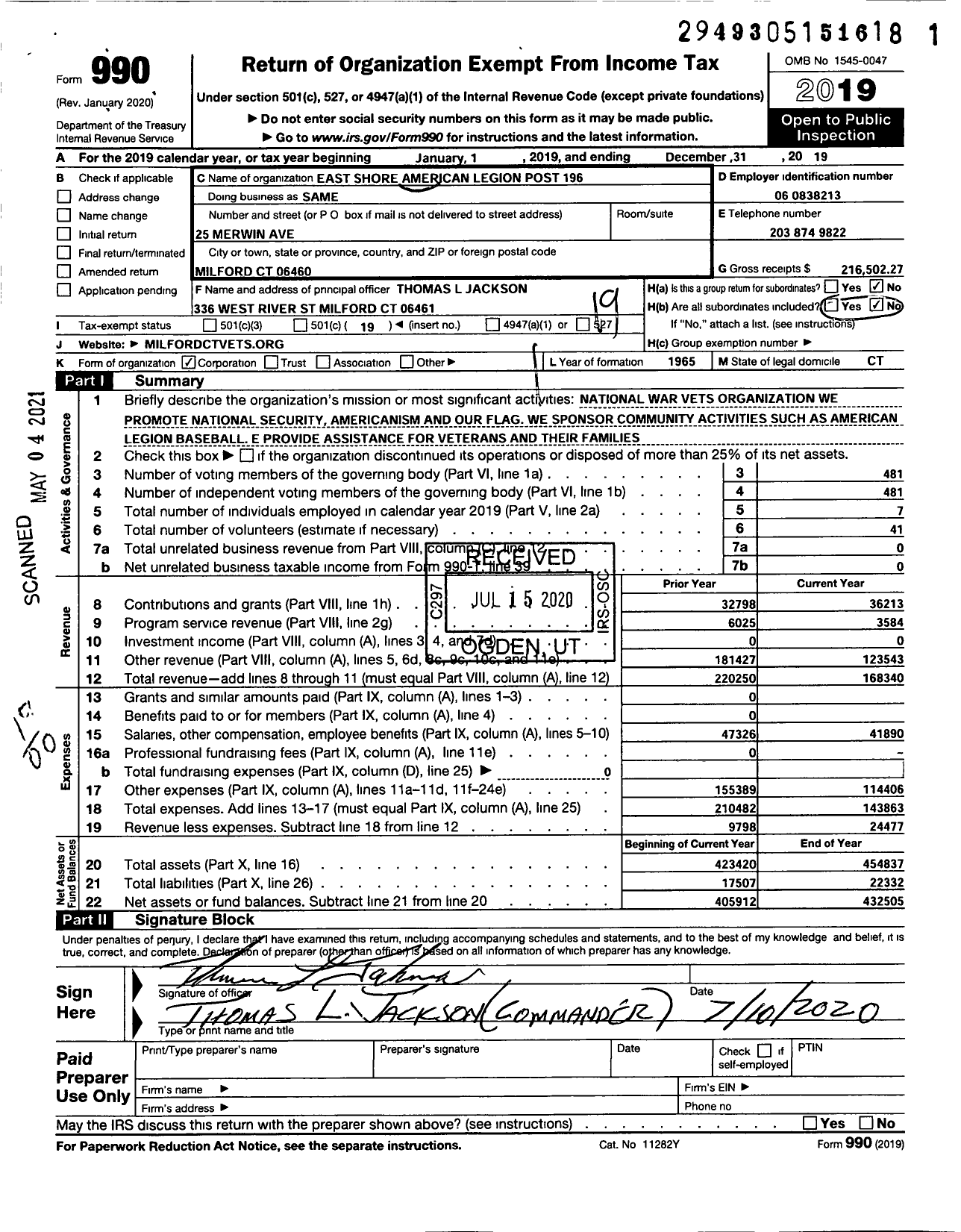 Image of first page of 2019 Form 990O for American Legion - 196 East Shore