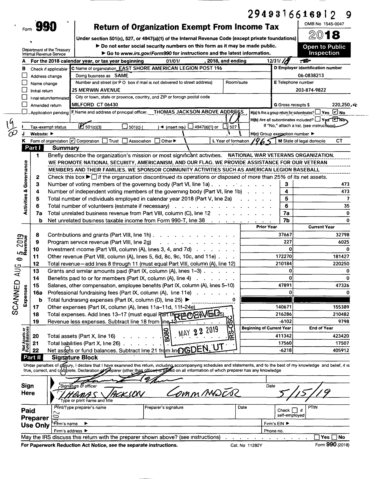 Image of first page of 2018 Form 990O for American Legion - 196 East Shore