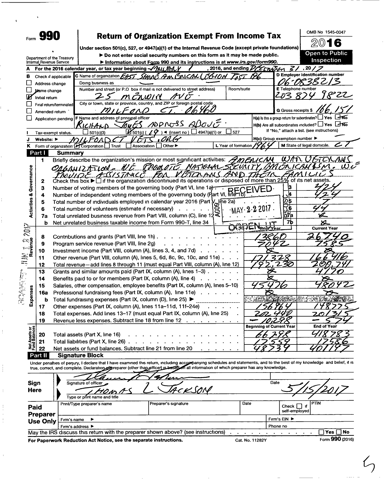 Image of first page of 2016 Form 990O for American Legion - 196 East Shore